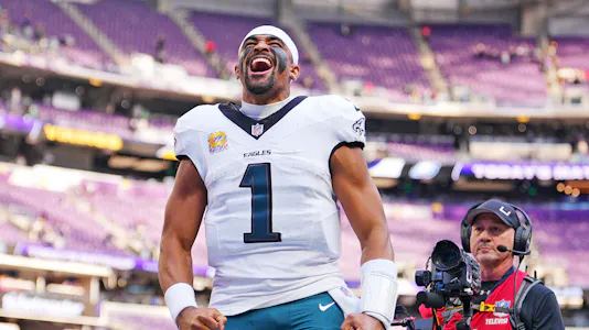 Pictured: Philadelphia Eagles quarterback Jalen Hurts (1) as we offer our Giants vs. Eagles player prop bets.
