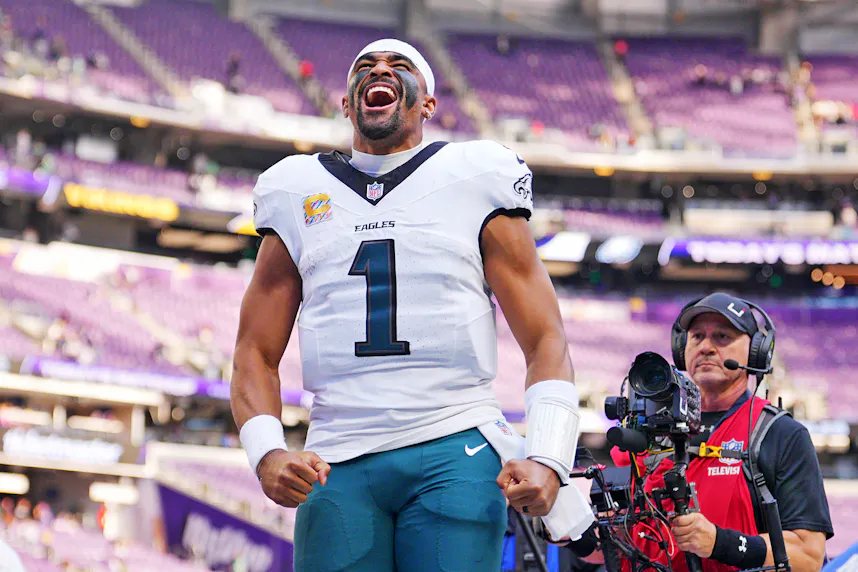 Pictured: Philadelphia Eagles quarterback Jalen Hurts (1) as we offer our Giants vs. Eagles player prop bets.
