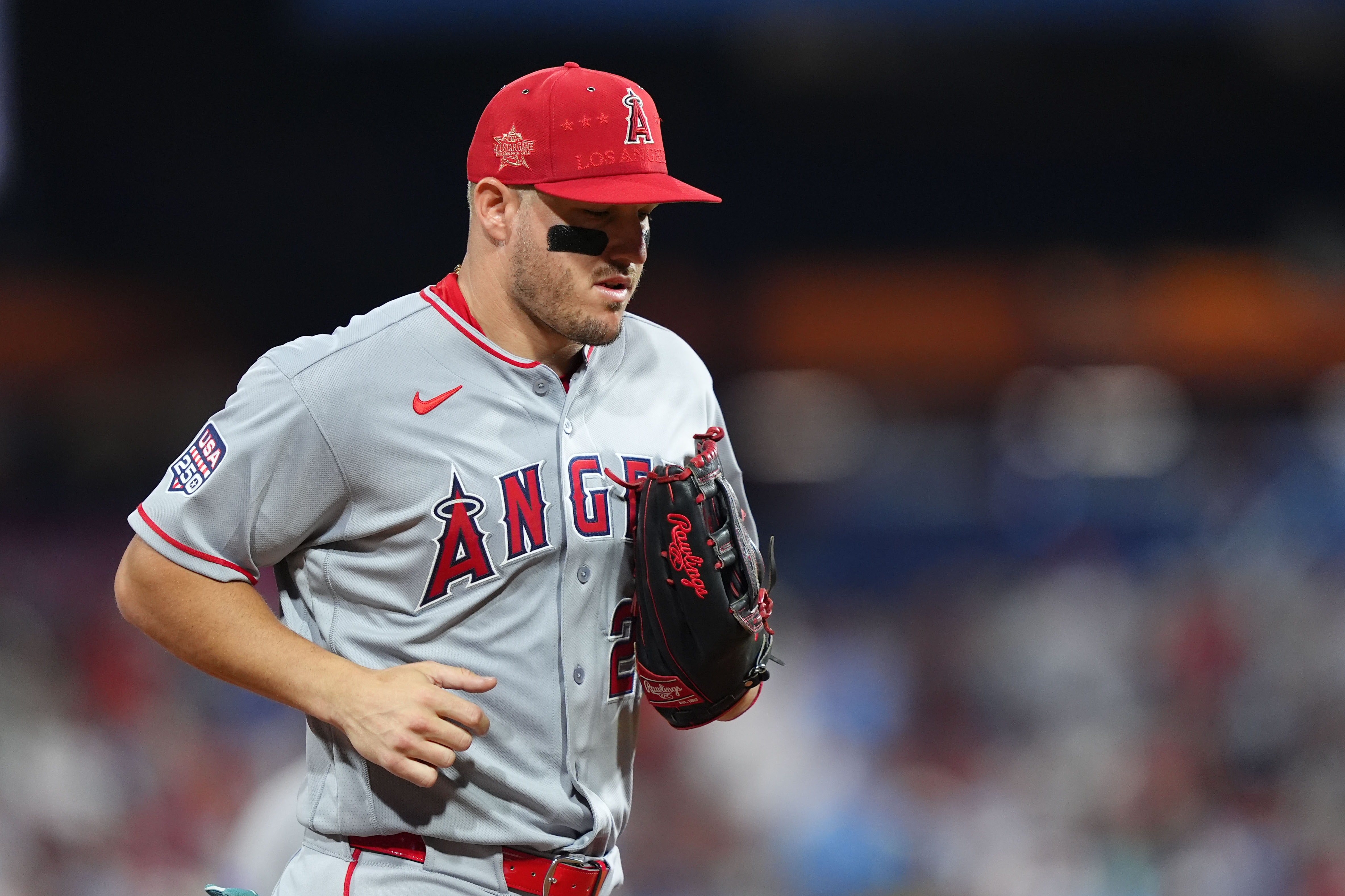 Los Angeles Angels center fielder Mike Trout (27) during the first inning as he is featured in our Angels vs. Giants win probability.