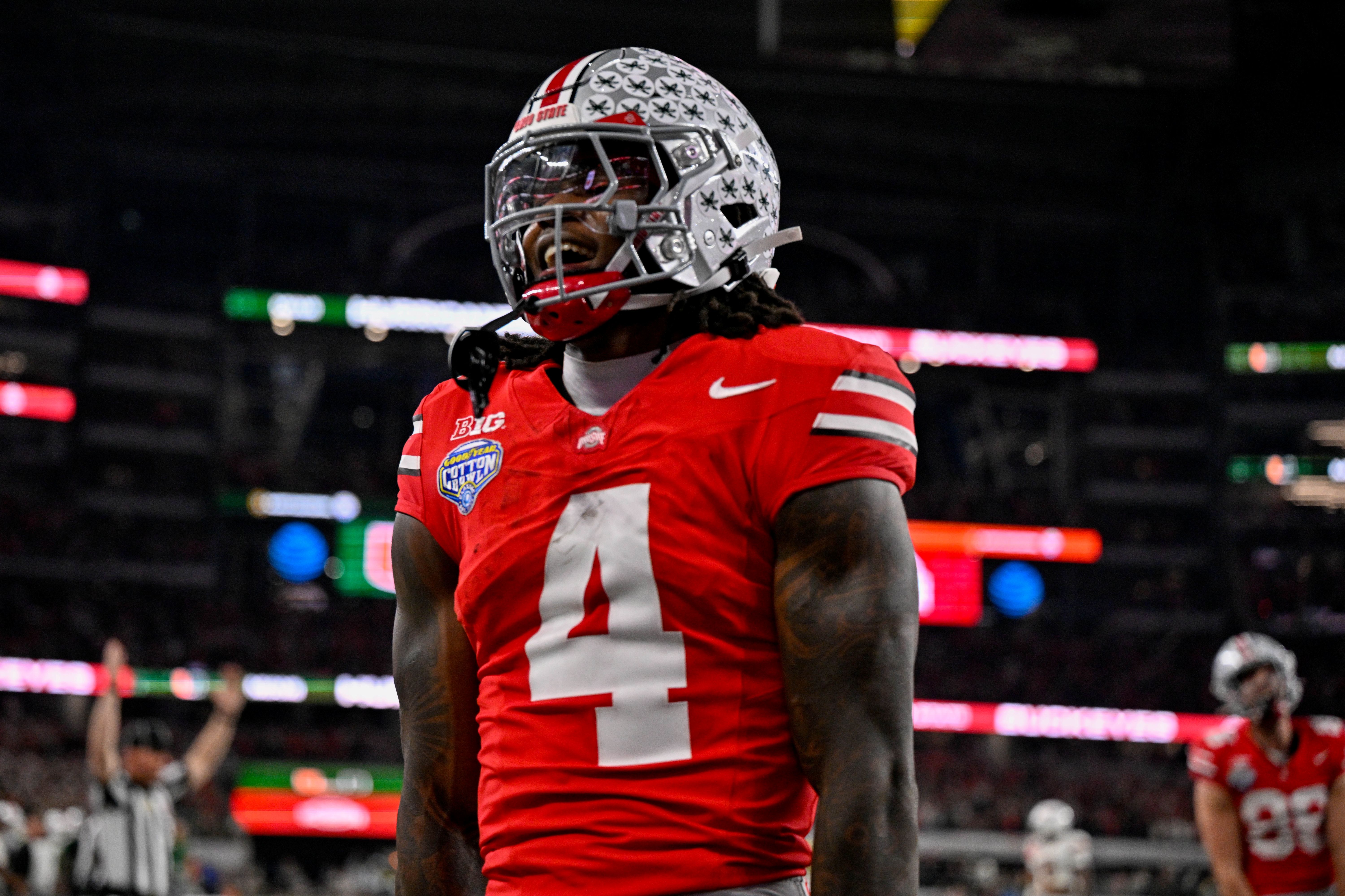 Ohio State Buckeyes wide receiver Jeremiah Smith celebrates as we break down the best 2026-27 CFP National Championship odds.