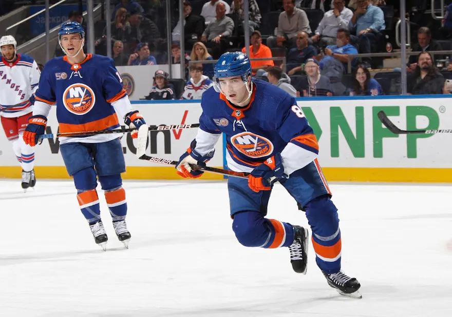 Noah Dobson of the New York Islanders skates against the New York Rangers at the UBS Arena on October 26, 2022 in Elmont, New York.