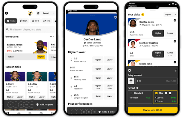 Three separate photos showing the Underdog Fantasy app on a mobile device.