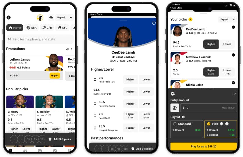 Three separate photos showing the Underdog Fantasy app on a mobile device.