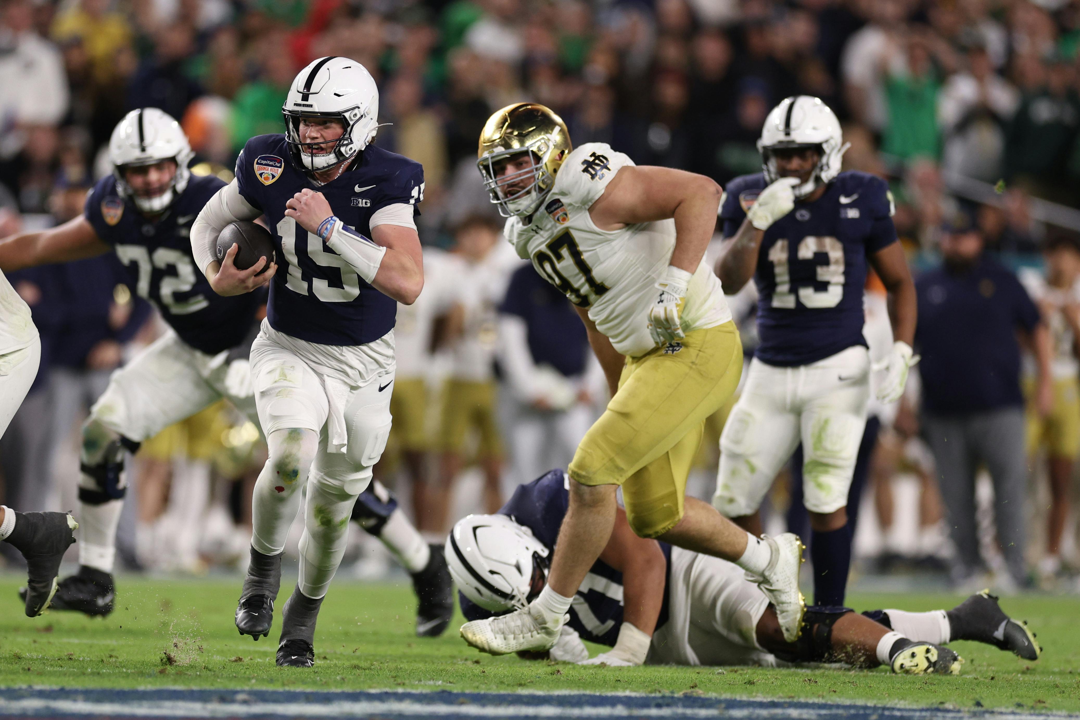 Penn State Nittany Lions quarterback Drew Allar runs the ball as we analyze the early 2026 college football national championship odds.