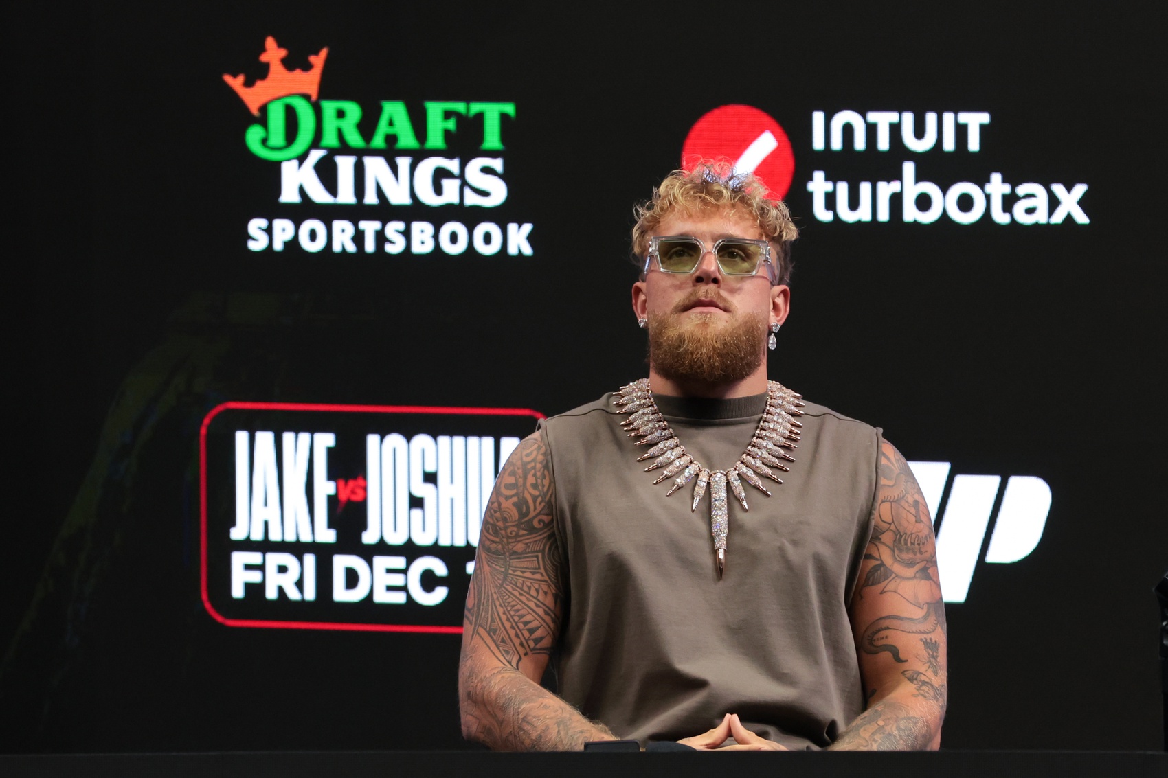 Jake Paul looks on during a press conference as we look into how to watch Jake Paul vs. Anthony Joshua.