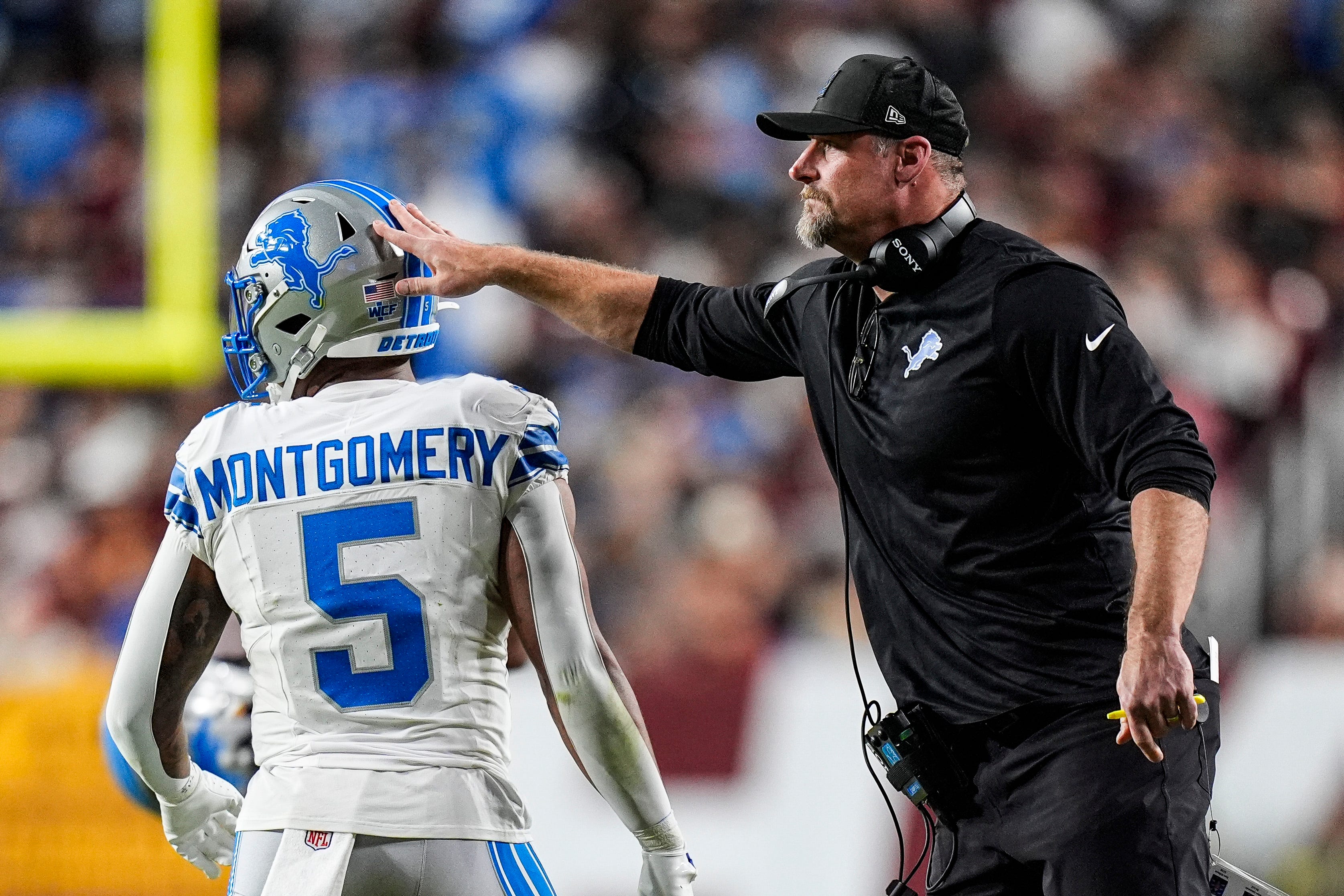 Detroit Lions head coach Dan Campbell celebrates a two-point conversion scored by running back David Montgomery (5), who leads our Lions vs. Vikings anytime touchdown scorer predictions for Christmas Day.