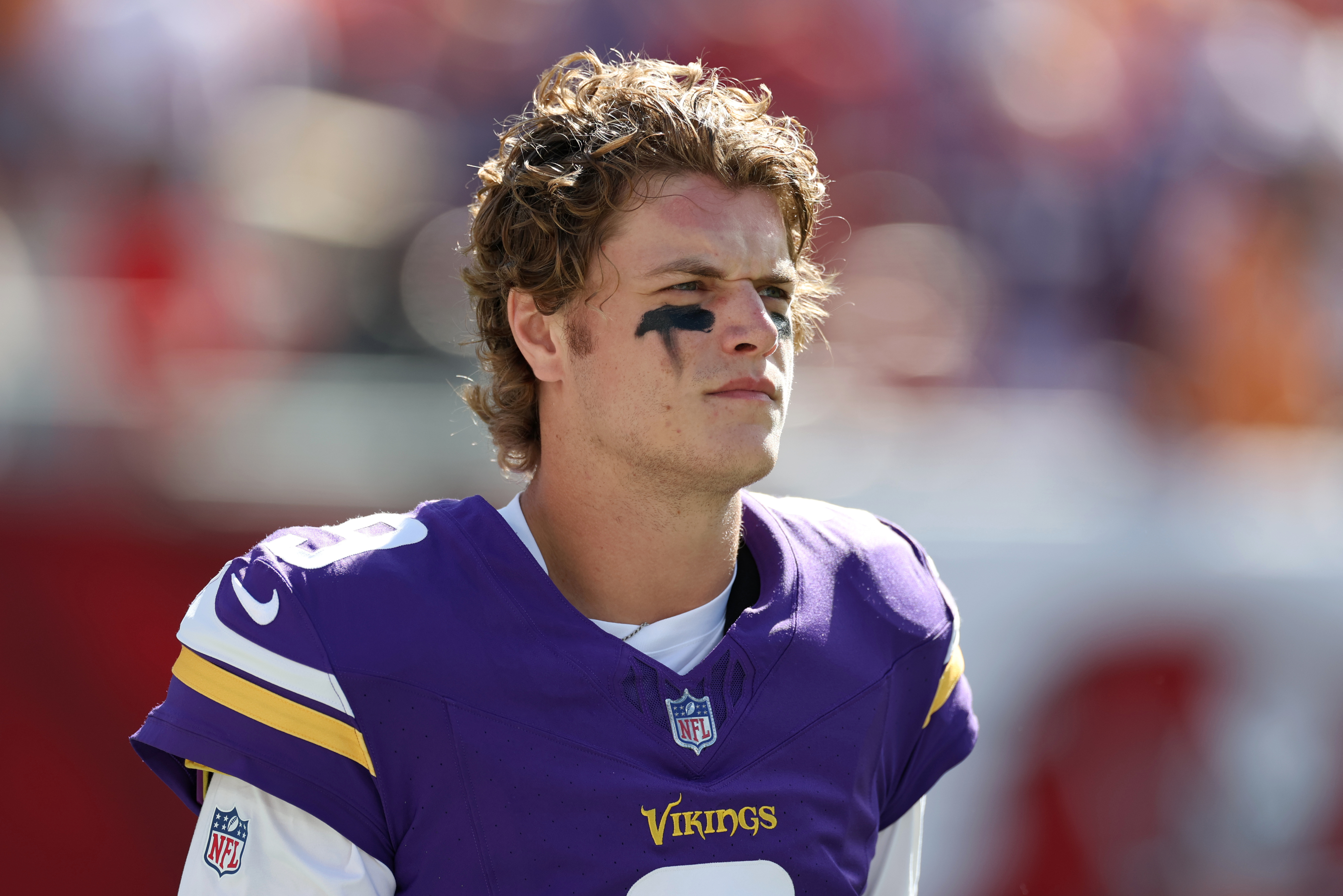 Minnesota Vikings quarterback J.J. McCarthy (9) looks on as he is featured in our Giants win total odds.