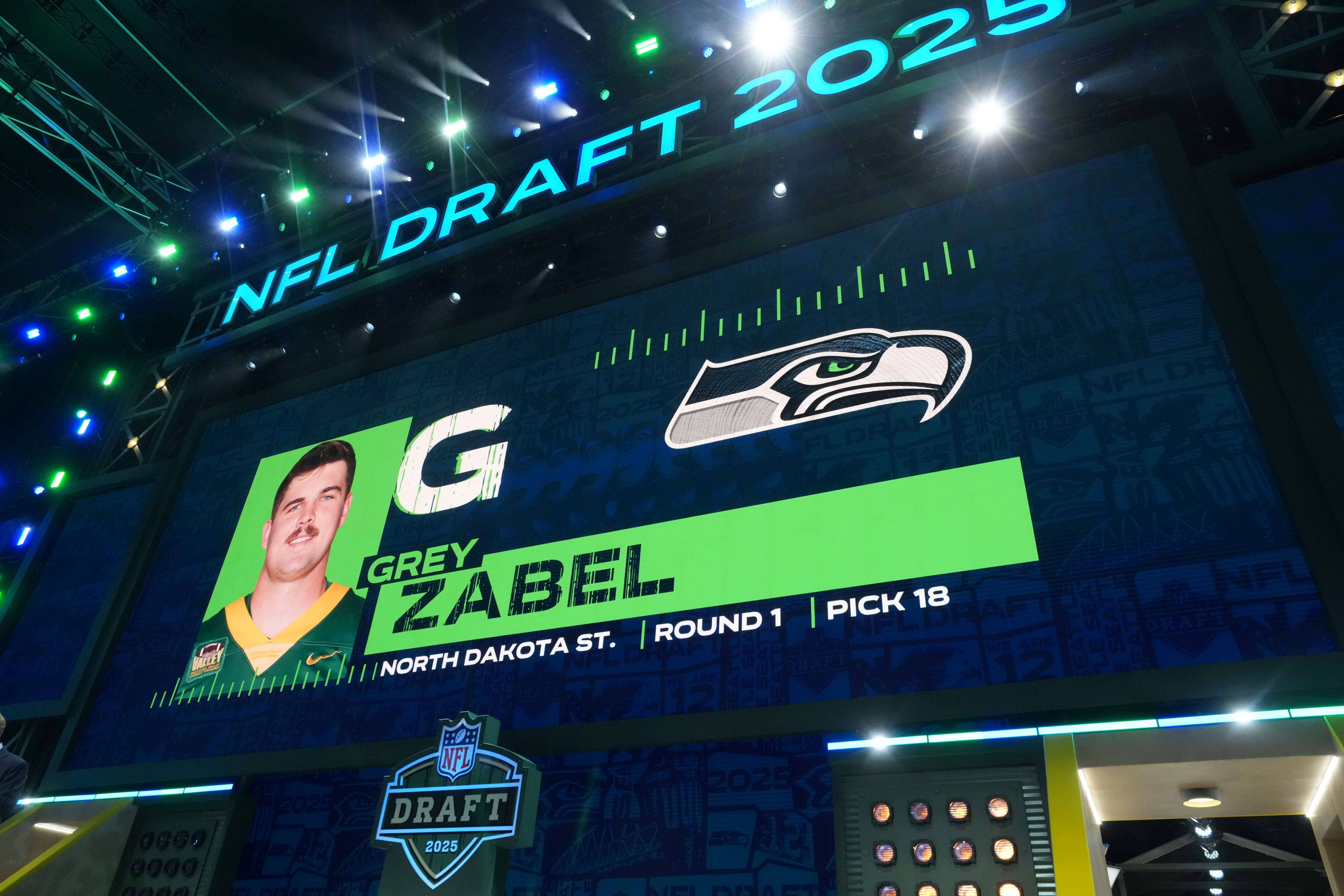 North Dakota State guard Grey Zabel is selected as the No. 18 pick by the Seattle Seahawks during the NFL Draft at Lambeau Field.