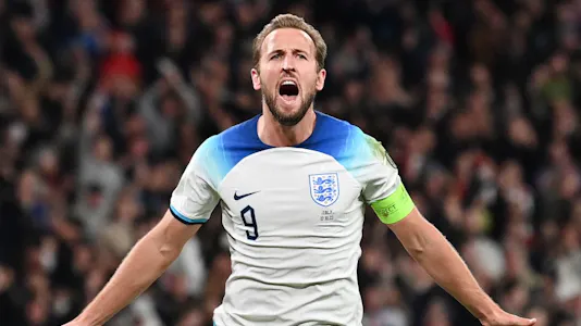 England striker Harry Kane celebrates after scoring his team's third goal during the Euro 2024 qualifying match vs. Italy, and we offer a look at the top odds for Euro 2024.