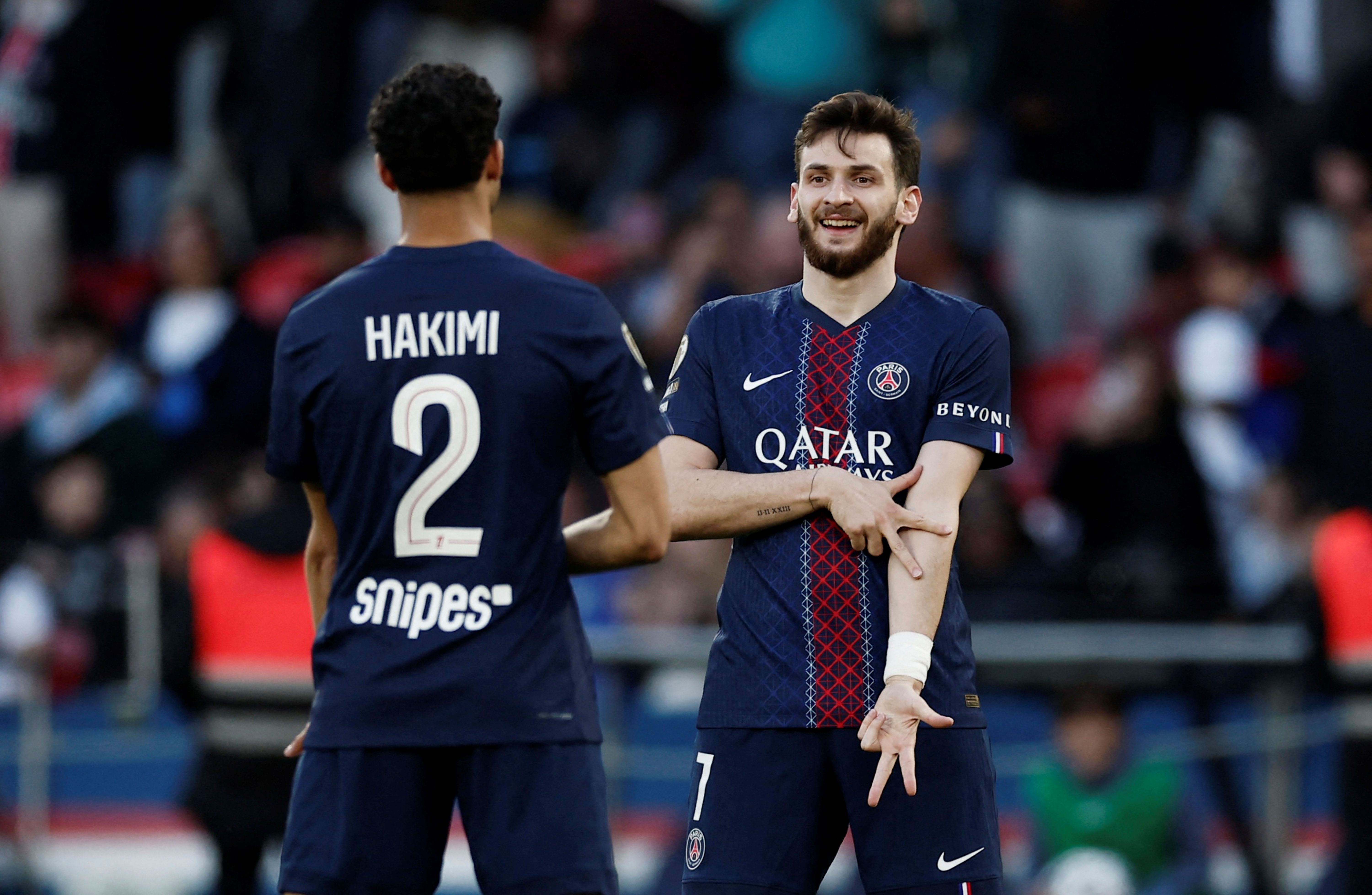  PSG's Khvicha Kvaratskhelia celebrates, and he's key as we look at our PSG vs. Bayern Munish prediction.