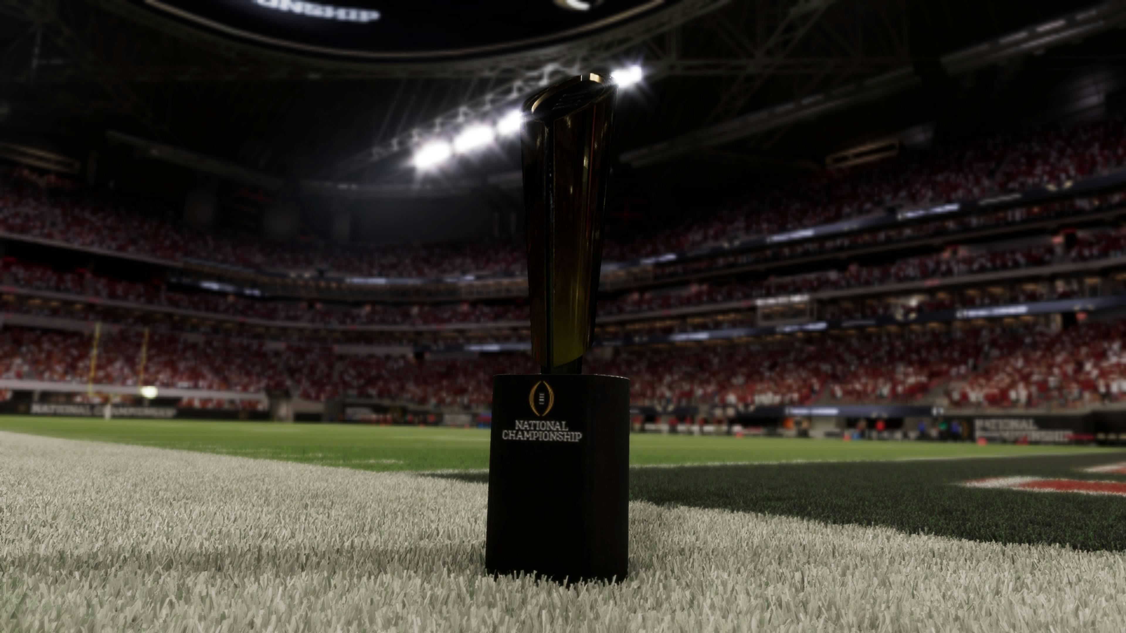 The CFP National Championship trophy being shown pre-game before Alabama and Texas take the field at Mercedes-Benz Stadium. Screenshot via EA Sports College Football 25.