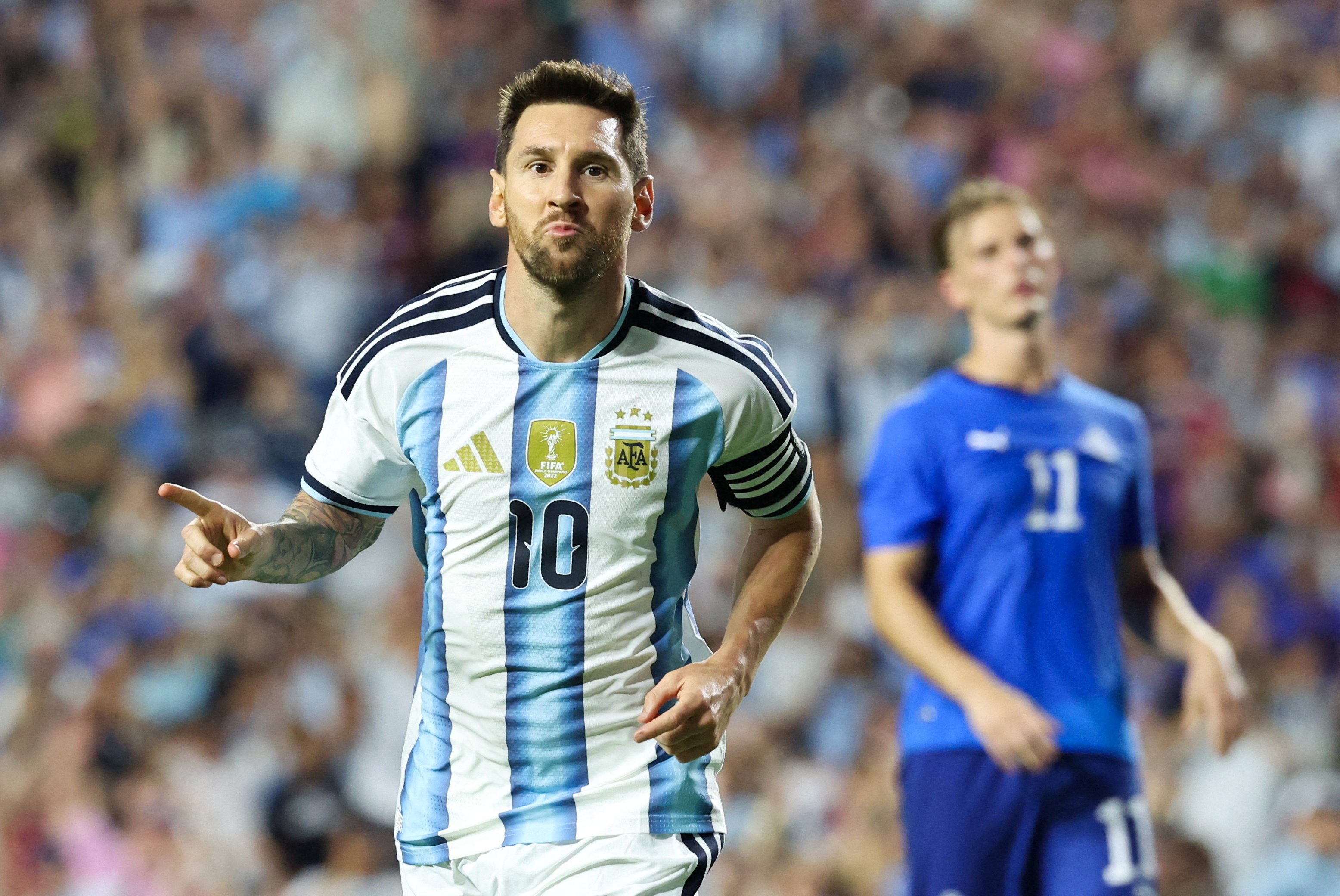 Argentina forward Lionel Messi (10) celebrates after scoring a goal during the second half against Iceland during a Road to 26 men's international friendly at Jordan-Hare Stadium.