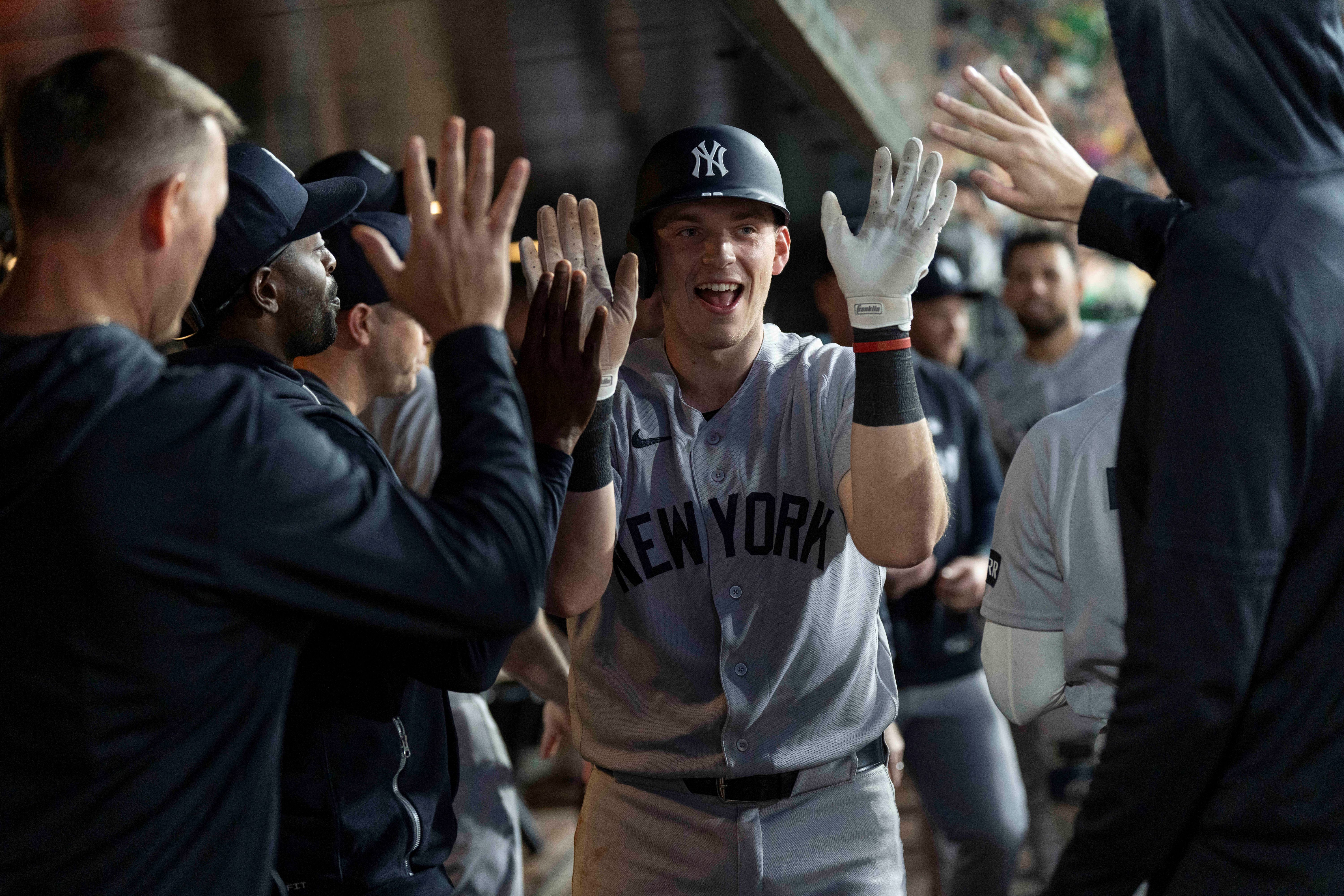 New York Yankees designated hitter Ben Rice is congratulated by teammates, and he's featured in my best home run predictions today.
