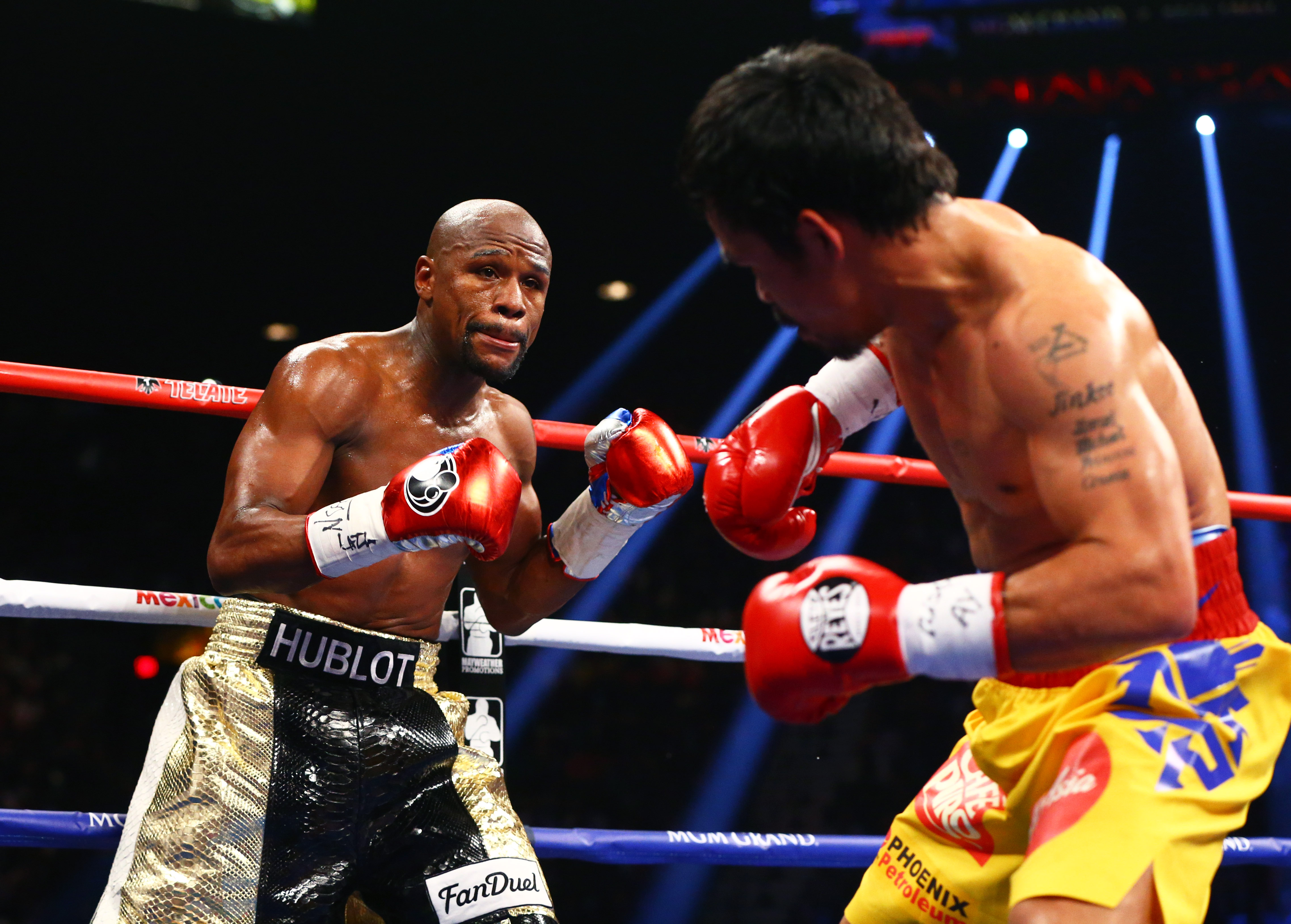 Floyd Mayweather (left) during his world welterweight championship bout against Manny Pacquiao at MGM Grand Garden Arena.