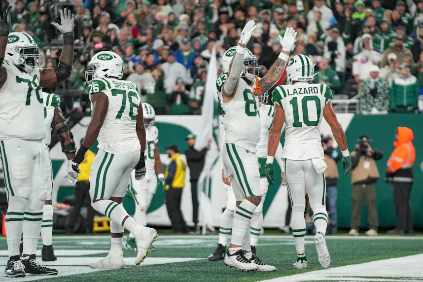 New York Jets wide receiver Tyler Conklin celebrates a touchdown as we make our first touchdown scorer predictions for Week 9 Thursday Night Football.