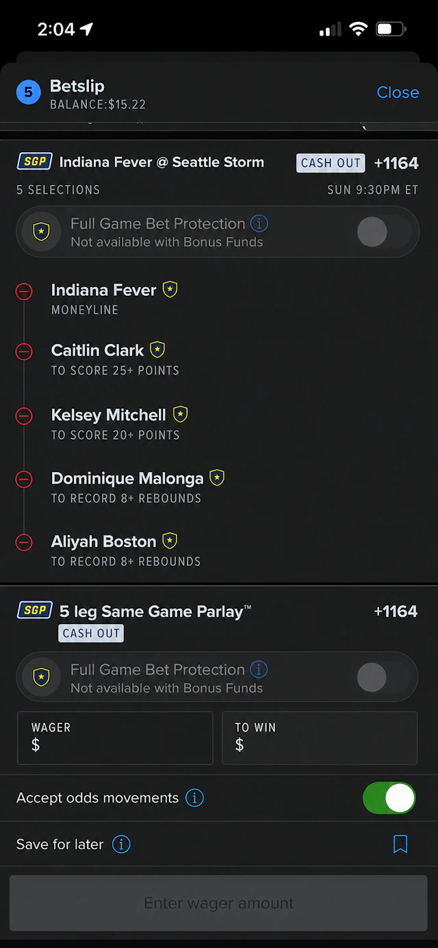 FanDuel Sportsbook screenshot showing a 5-leg parlay WNBa betslip.