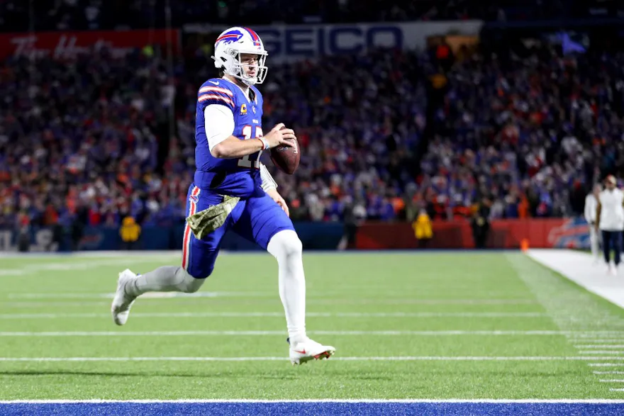 Josh Allen of the Buffalo Bills rushes for a touchdown as part of our Week 11 NFL predictions for Jets vs. Bills