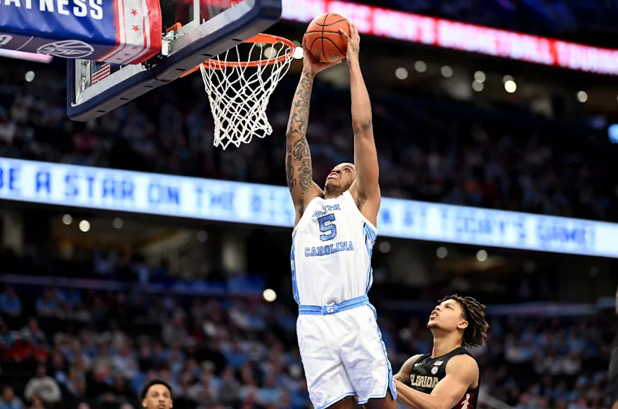 Armando Bacot of the North Carolina Tar Heels dunks the ball in the first half against the Florida State Seminoles in the Quarterfinals of the ACC Men's Basketball Tournament.  We see Bacot bringing his best in our Pittsburgh vs. North Carolina prediction