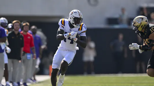 LSU tight end Trey'Dez Green runs with the ball against Vanderbilt, as we break down our college football anytime touchdown scorer predictions for Week 9.