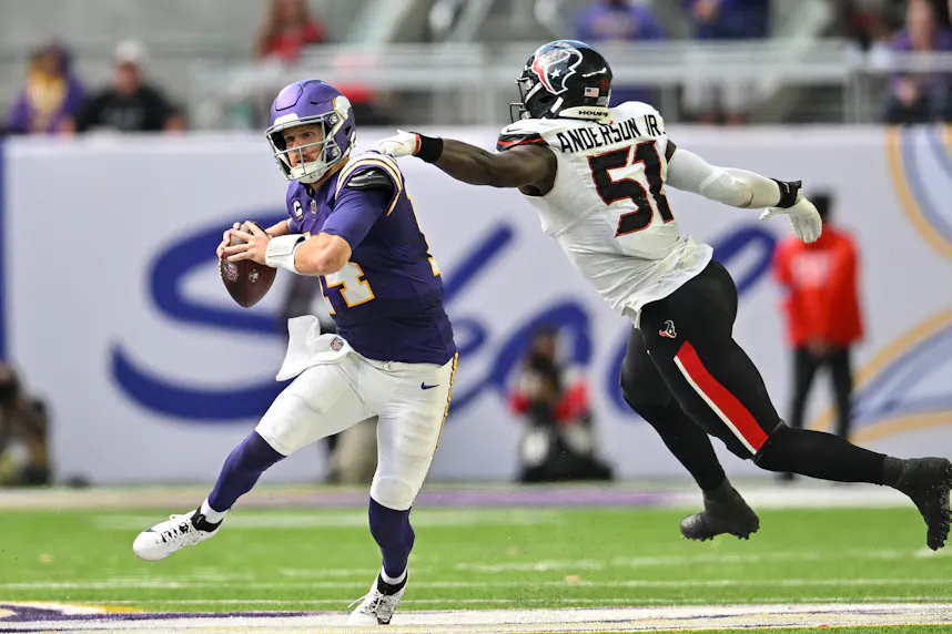 Minnesota Vikings quarterback Sam Darnoldand Houston Texans defensive end Will Anderson Jr. We're backing Minnesota in our Jets vs. Vikings prediction.