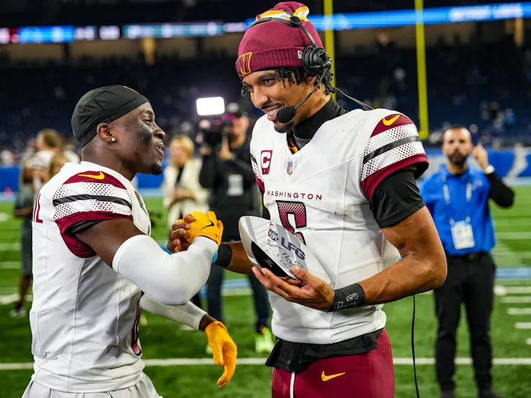 Washington Commanders quarterback Jayden Daniels and rookie cornerback Mike Sainristil as we make our best Commanders vs. Eagles prediction and picks for the NFC Championship Game.