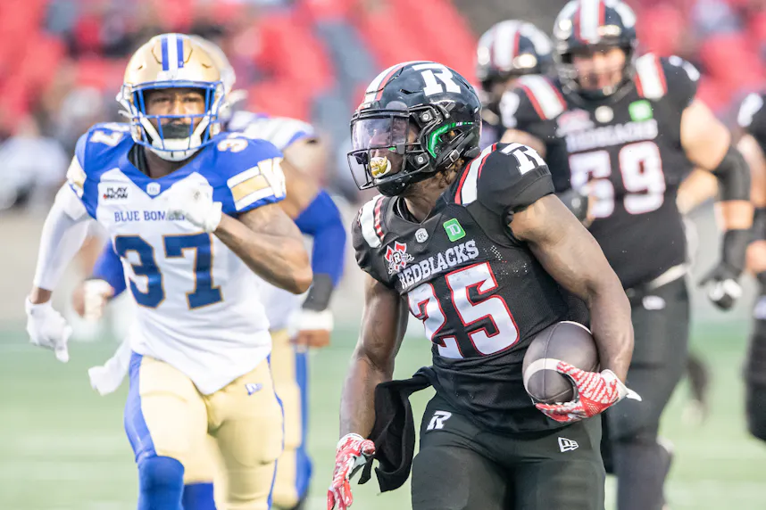 Ottawa Redblacks running back Ryquell Armstead runs against the Winnipeg Blue Bombers. We're backing Armstead in our Redblacks vs. Stampeders Prediction.
