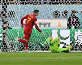 Alvaro Morata (7) of Spain celebrates after scoring an opener in the first half of the FIFA World Cup Group E match with Japan at Khalifa International Stadium in Ar-Rayyan, Qatar on December 1, 2022. 
