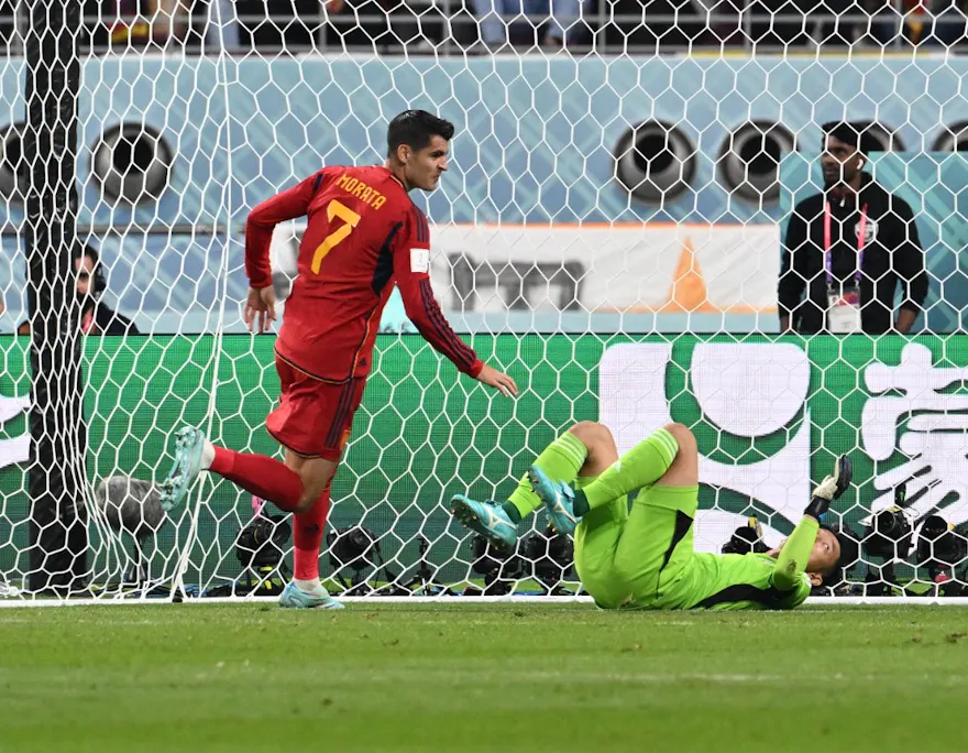 Alvaro Morata (7) of Spain celebrates after scoring an opener in the first half of the FIFA World Cup Group E match with Japan at Khalifa International Stadium in Ar-Rayyan, Qatar on December 1, 2022. 