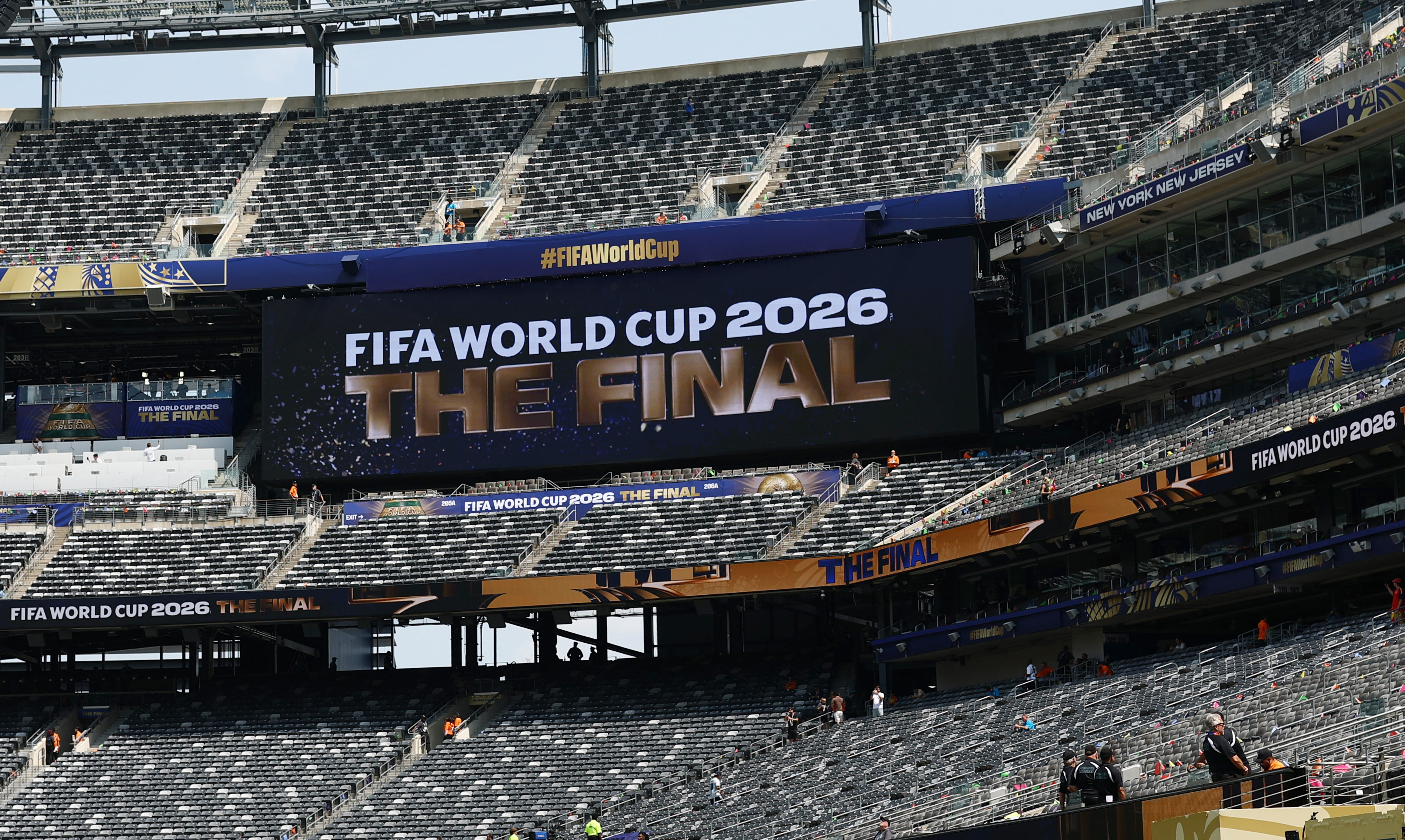 General view as the big screen displays a message reading "FIFA World Cup 2026 The Final" inside the stadium before the match.