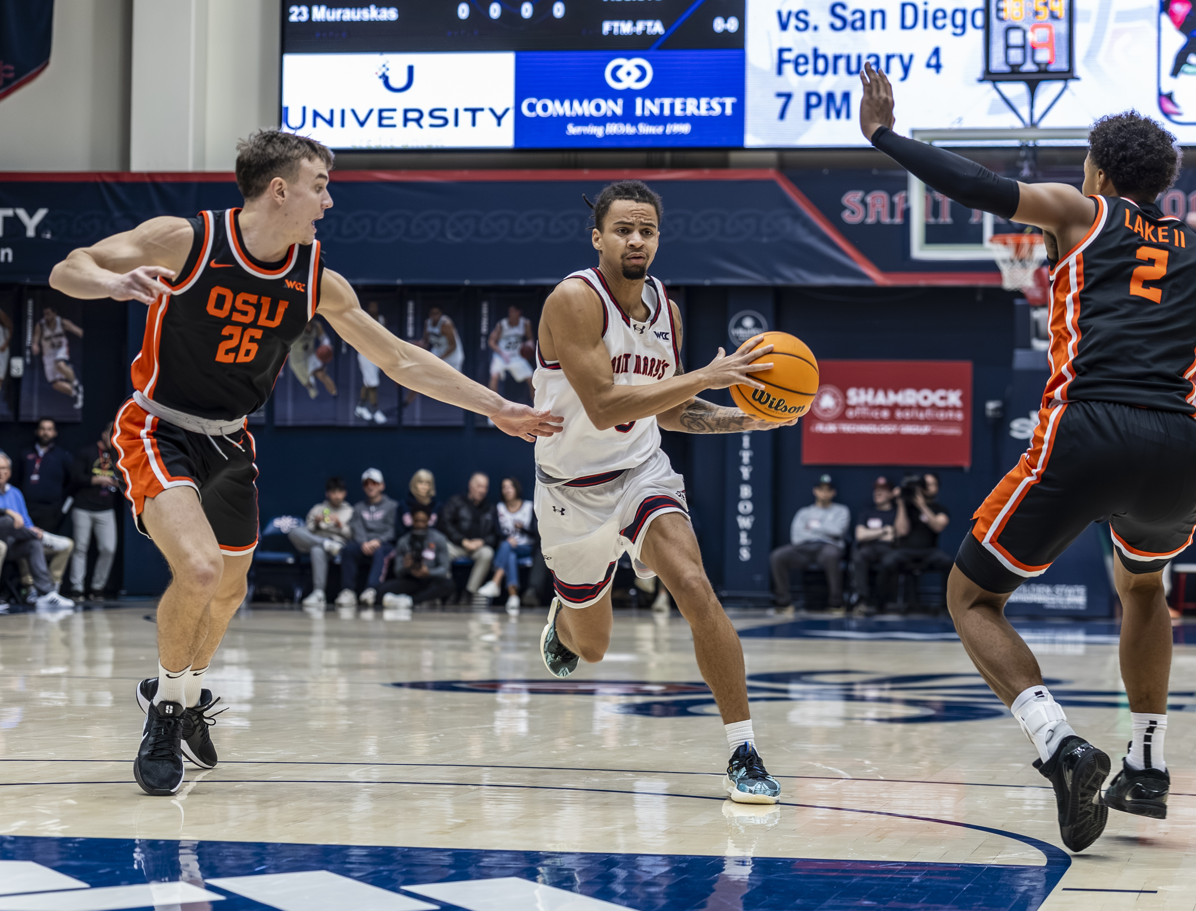Saint Marys guard Mikey Lewis (0) goes to the basket as we break down our Saint Mary's vs. Gonzaga prediction.