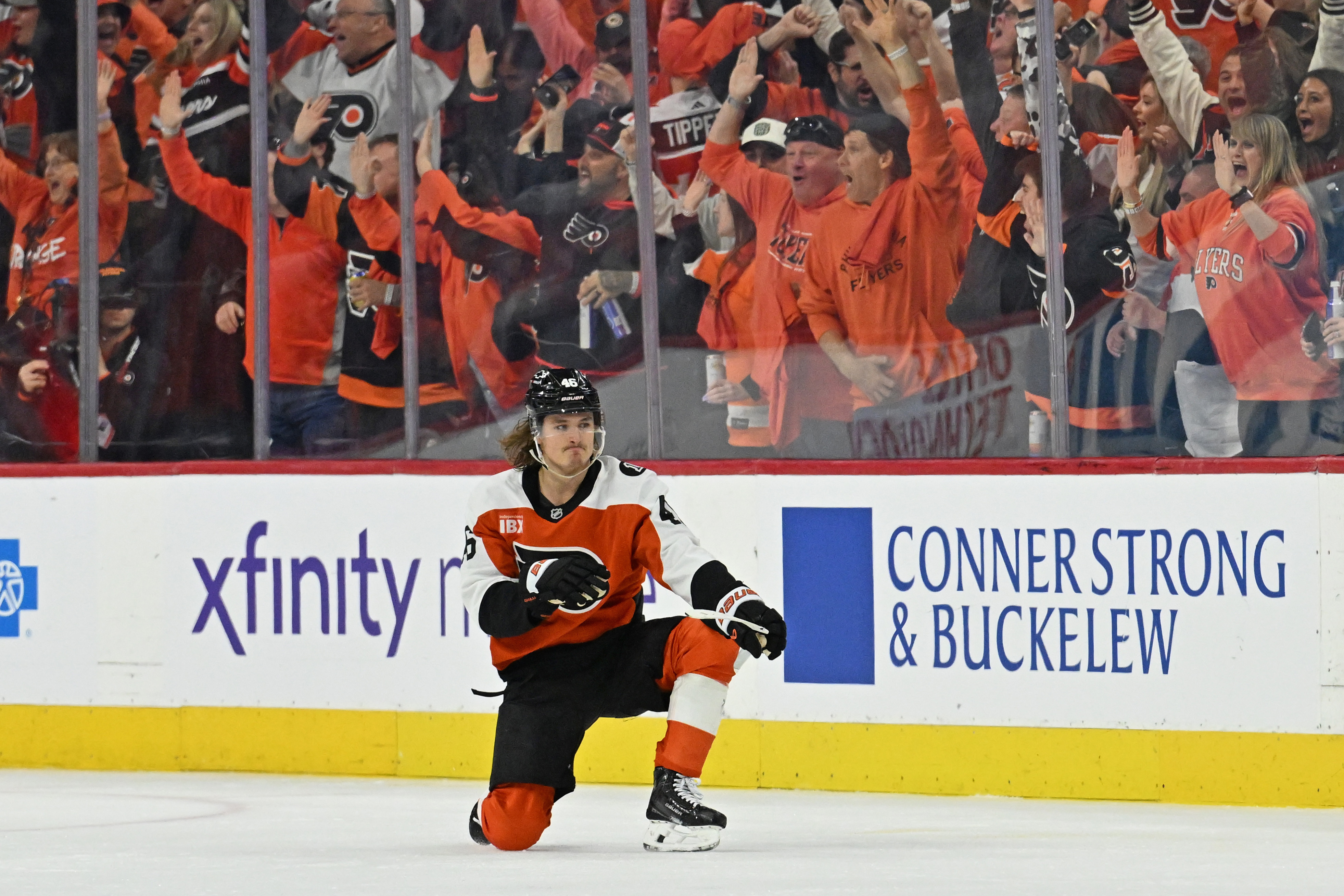Philadelphia Flyers center Trevor Zegras celebrates a goal against the Pittsburgh Penguins as we make our best Penguins vs. Flyers prediction.