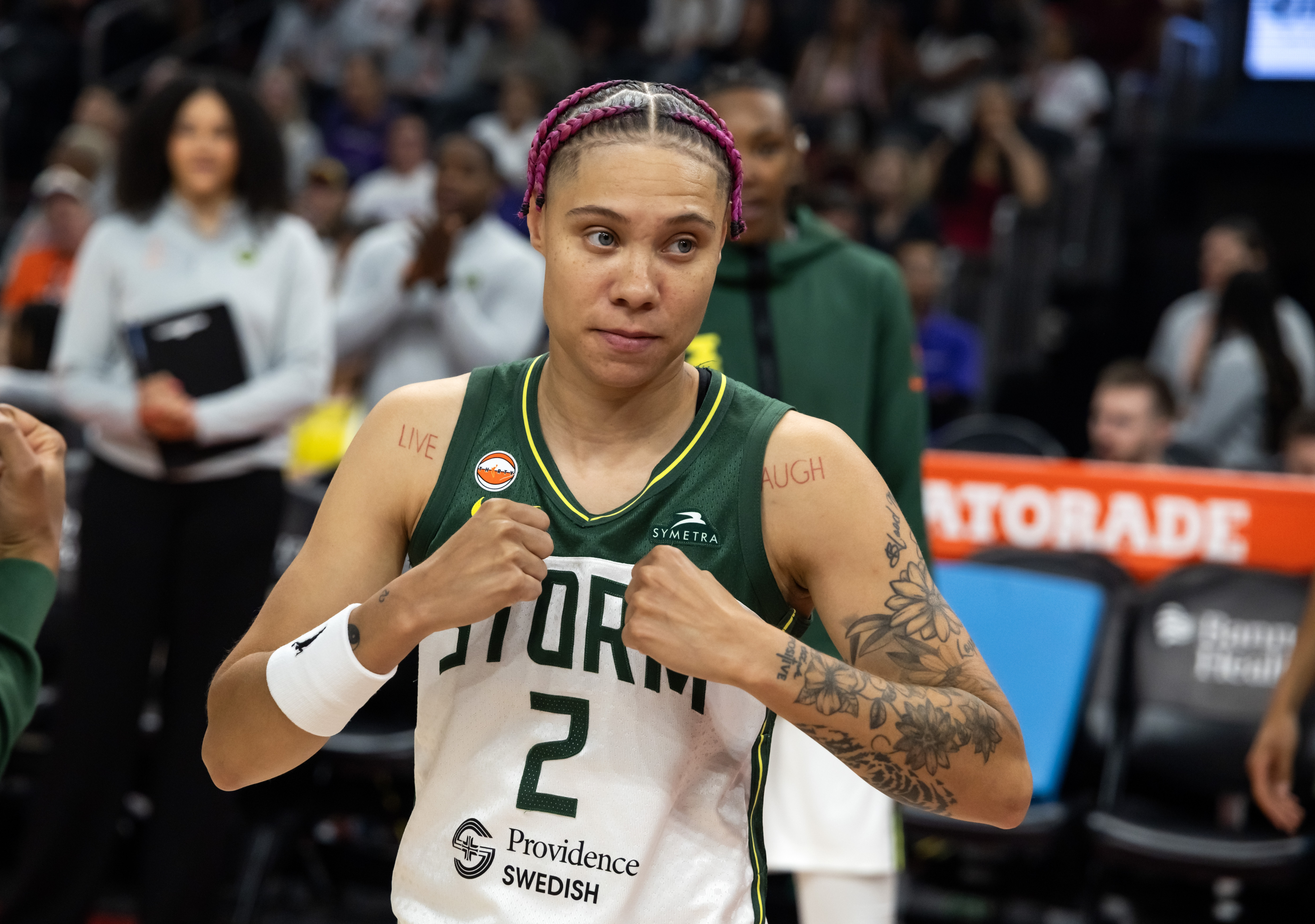 Seattle Storm guard Natisha Hiedeman (2) looks on as we break down our Storm vs. Dream prediction.