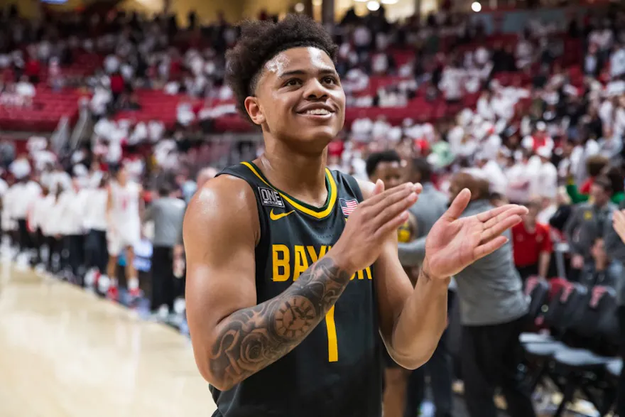 Keyonte George of the Baylor Bears claps after the college basketball game against the Texas Tech Red Raiders.
