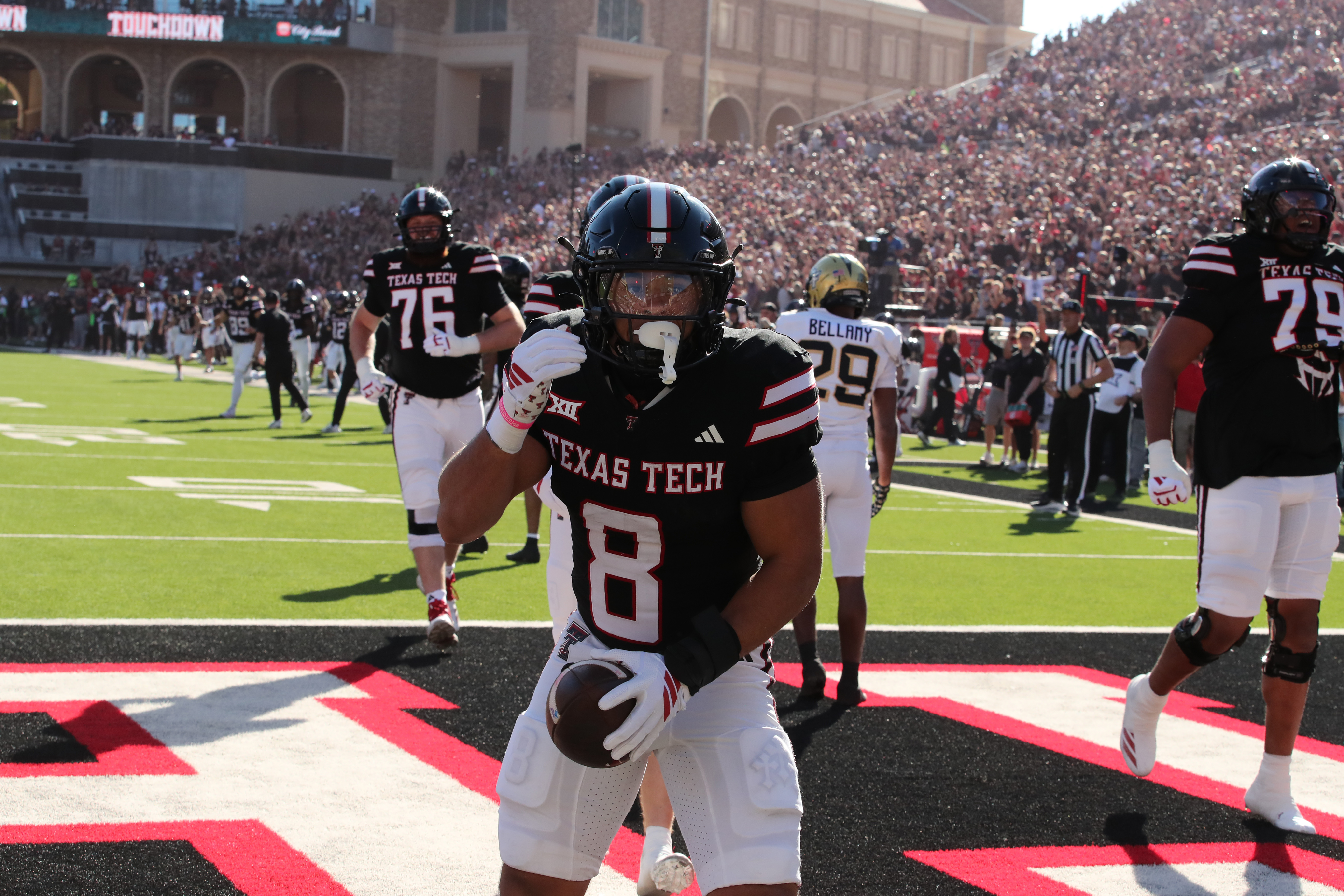 Texas Tech Red Raiders running back Cameron Dickey reacts after scoring a touchdown as we make our best Oregon vs. Texas Tech player prop bets