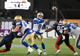 Winnipeg Blue Bombers quarterback Zach Collaros throws a pass against the Montreal Alouettes in the first half at the 2023 Grey Cup as Rob Paul offers his best bets for the opening game of the 2024 season between the Blue Bombers and Alouettes. 