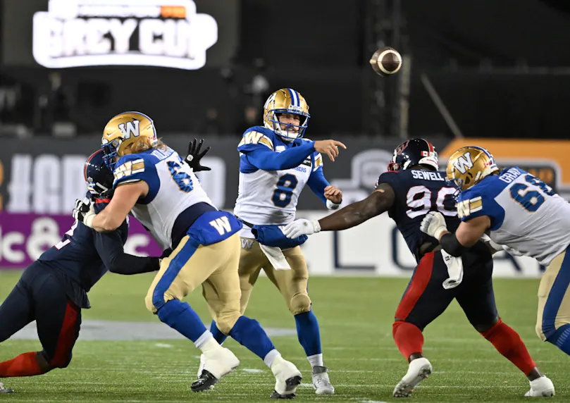 Winnipeg Blue Bombers quarterback Zach Collaros throws a pass against the Montreal Alouettes in the first half at the 2023 Grey Cup as Rob Paul offers his best bets for the opening game of the 2024 season between the Blue Bombers and Alouettes.