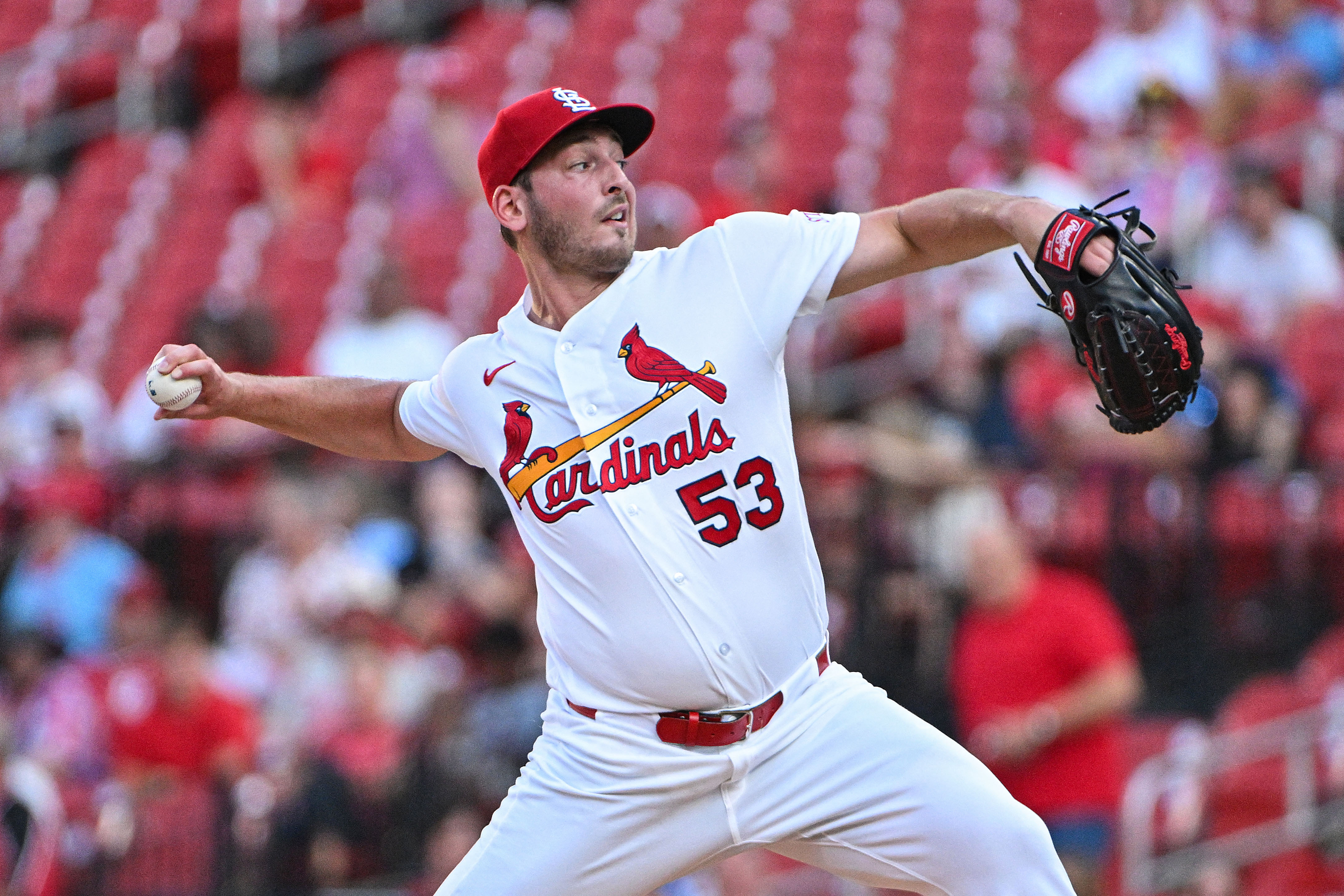 St. Louis Cardinals starting pitcher Andre Pallante - who's featured in our best strikeout props today - throws. 