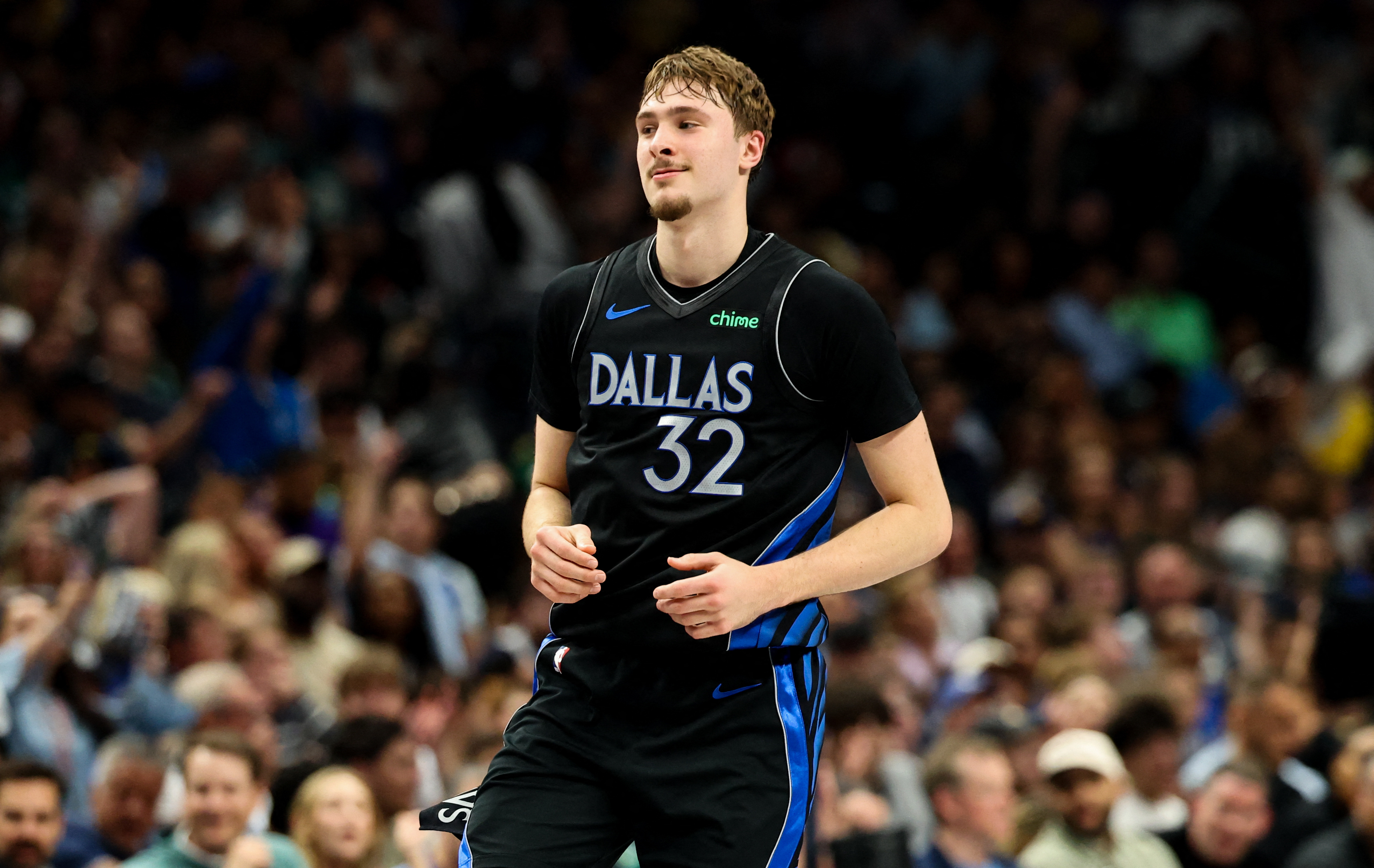 Dallas Mavericks forward Cooper Flagg (32), seen here reacting during a game, is featured in our NBA player props today.