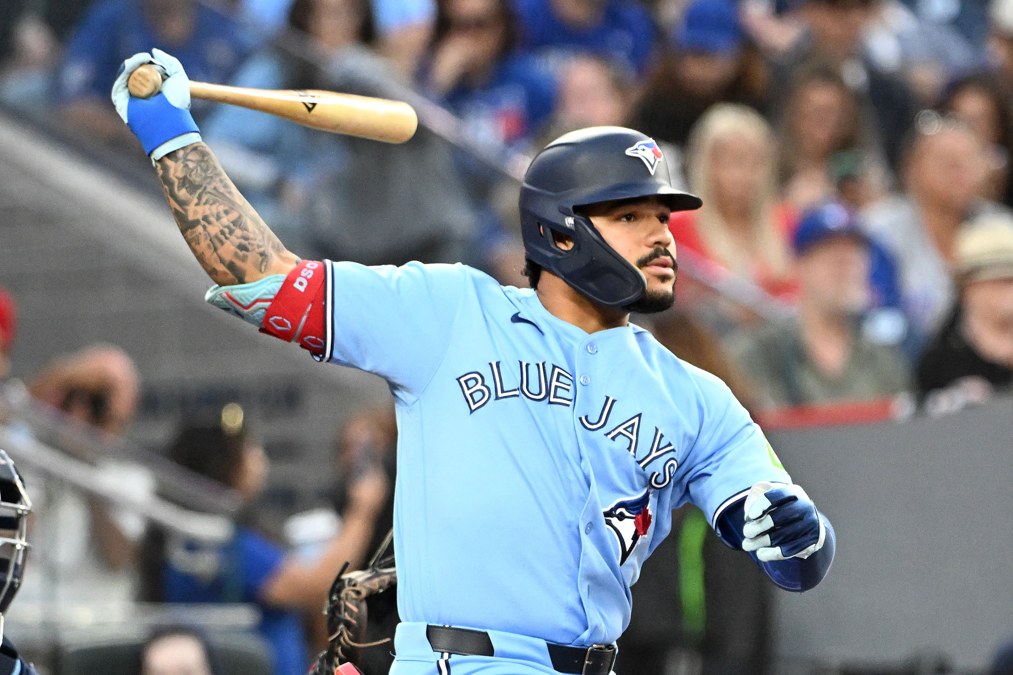 Toronto Blue Jays left fielder Yohendrick Pinango hits a single as we look at Hard Rock Bet and Casino launching in Ontario