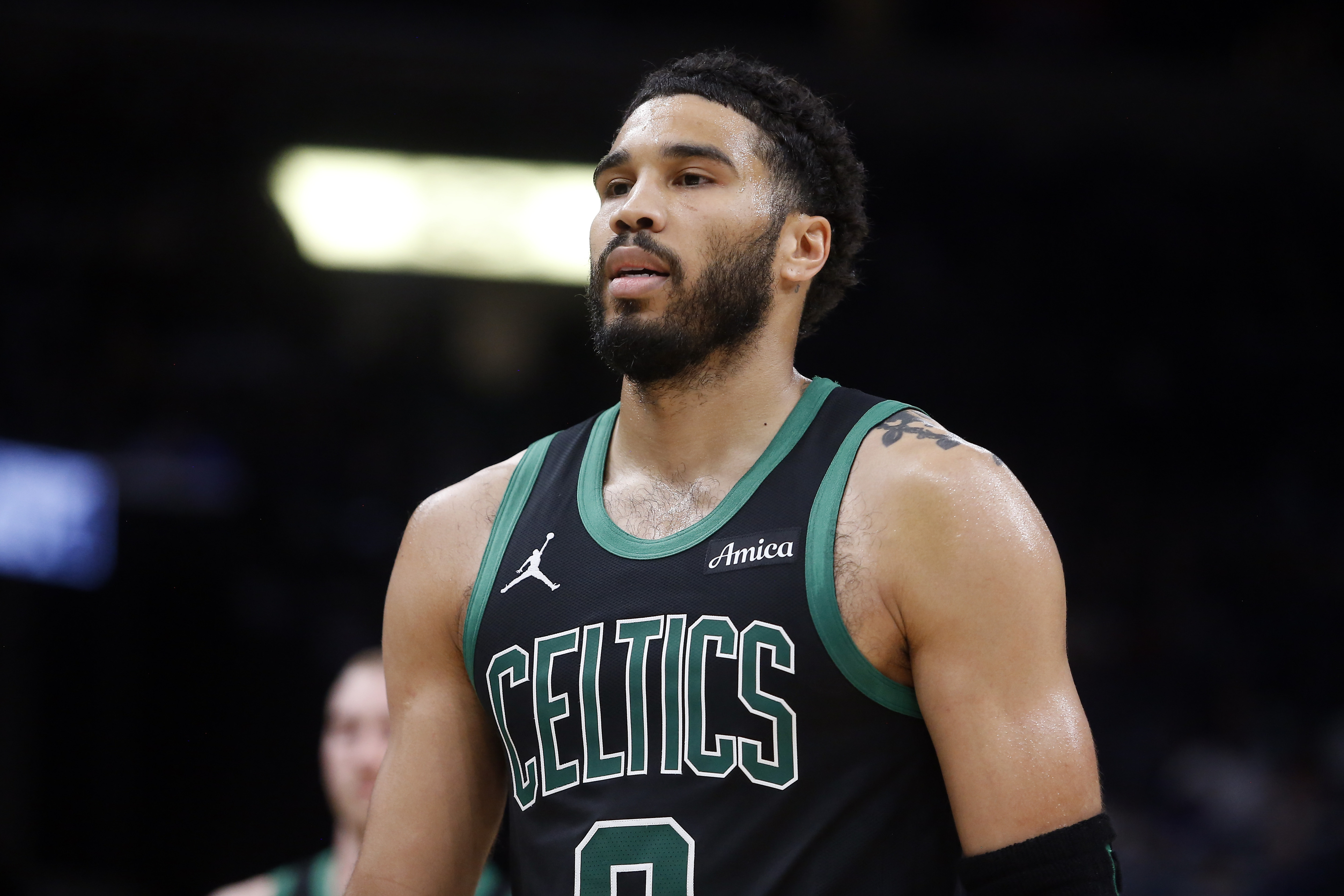 Boston Celtics forward Jayson Tatum (0), seen here reacting during a game, is featured in our 76ers vs. Celtics player props for Game 2 tonight.