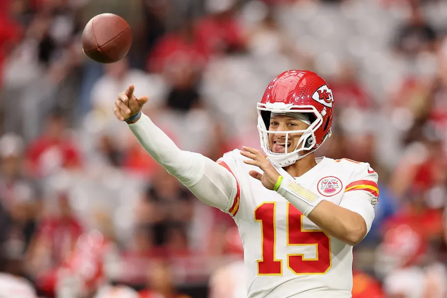 Patrick Mahomes of the Kansas City Chiefs warms up before a game against the Arizona Cardinals. 