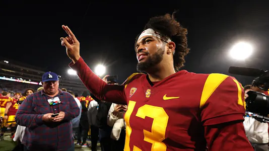 Caleb Williams of the USC Trojans celebrates after defeating the UCLA Bruins.