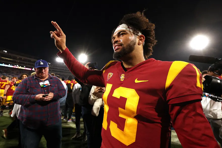 Caleb Williams of the USC Trojans celebrates after defeating the UCLA Bruins.