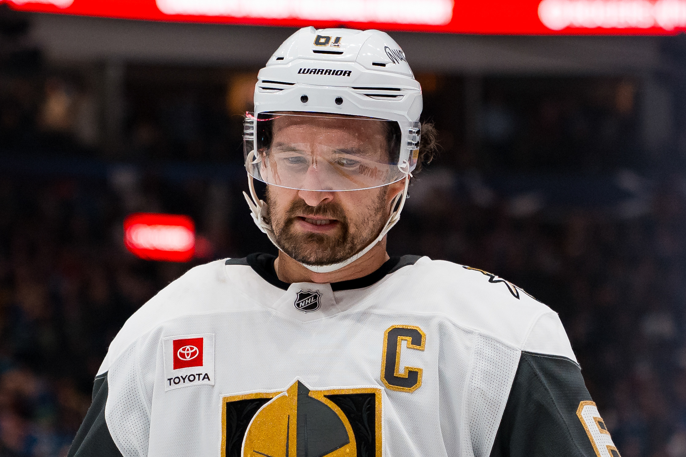 Vegas Golden Knights forward Mark Stone (61), seen here during a stop in play, is featured in our Mammoth vs. Golden Knights prediction for Game 2 tonight.