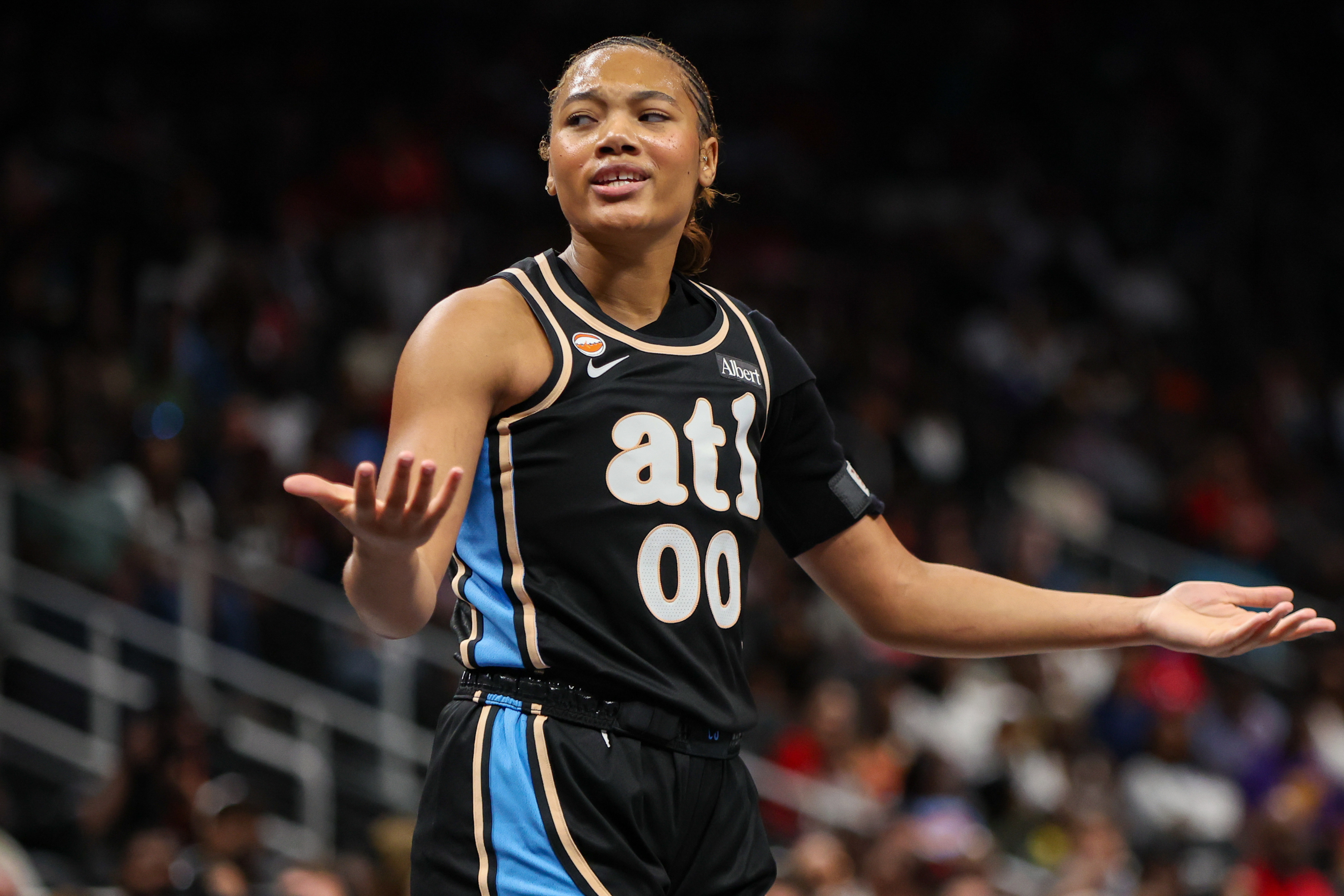 Atlanta Dream forward Naz Hillmon (00) reacts as we break down our Dream vs. Valkyries prediction.