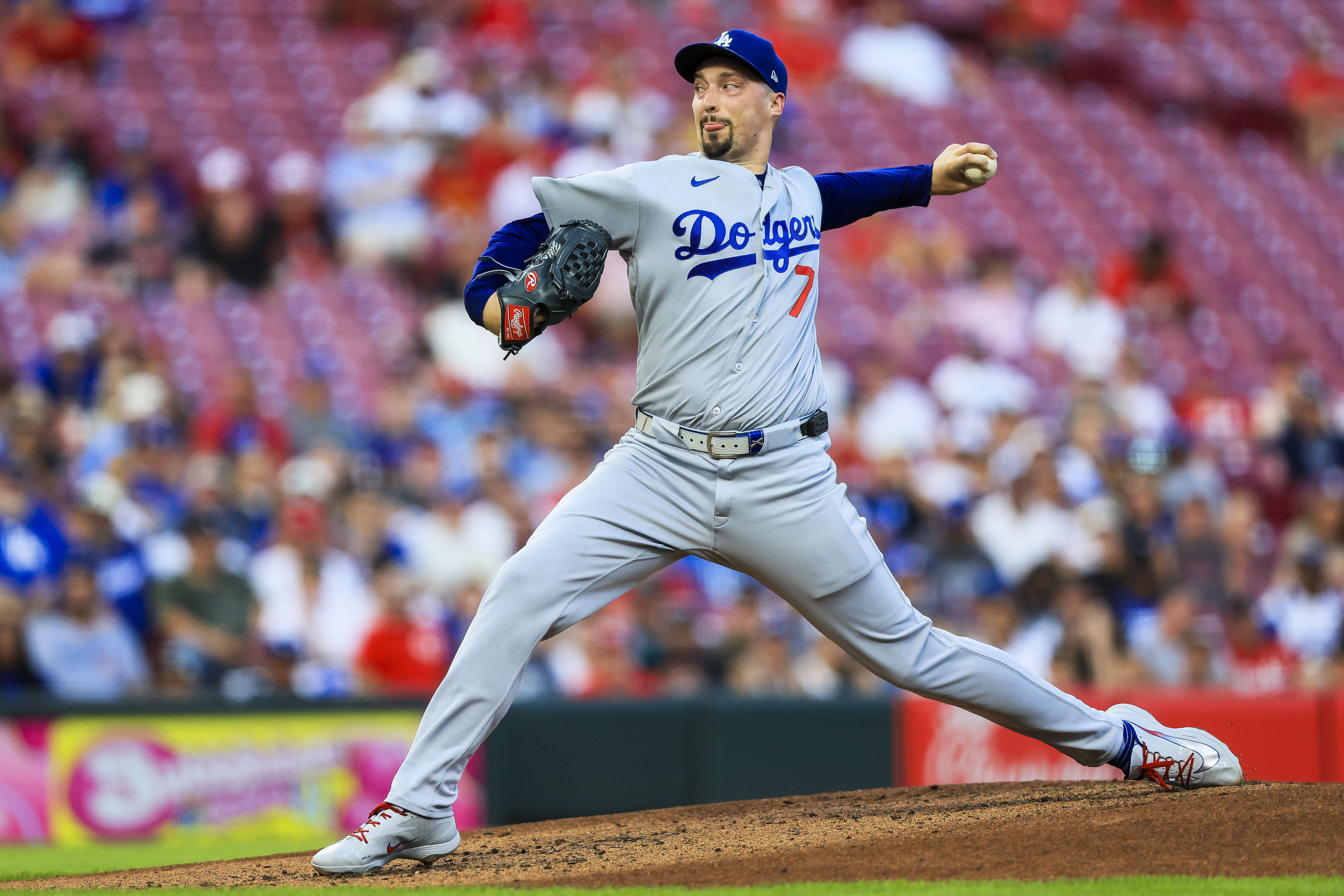 Pictured: Dodgers starter Blake Snell in action, who is featured in our Best NRFI Bets Today. Photo by Katie Stratman-Imagn Images.