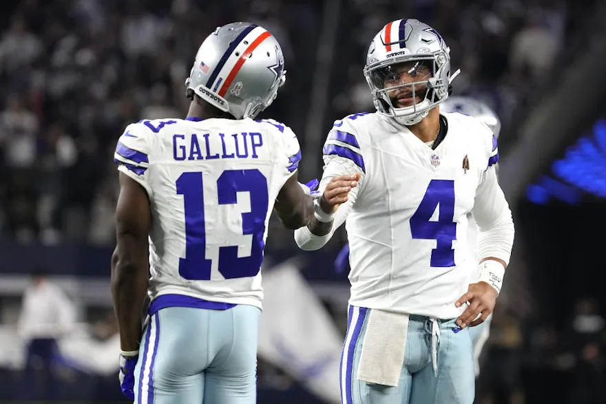 Dak Prescott of the Dallas Cowboys celebrates a touchdown pass with Michael Gallup of the Dallas Cowboys as we look at our Seahawks-Cowboys prediction for Thursday Night Football.
