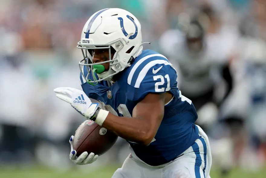 Nyheim Hines #21 of the Indianapolis Colts carries the ball in the fourth quarter against the Jacksonville Jaguars at TIAA Bank Field on Sept. 18. 