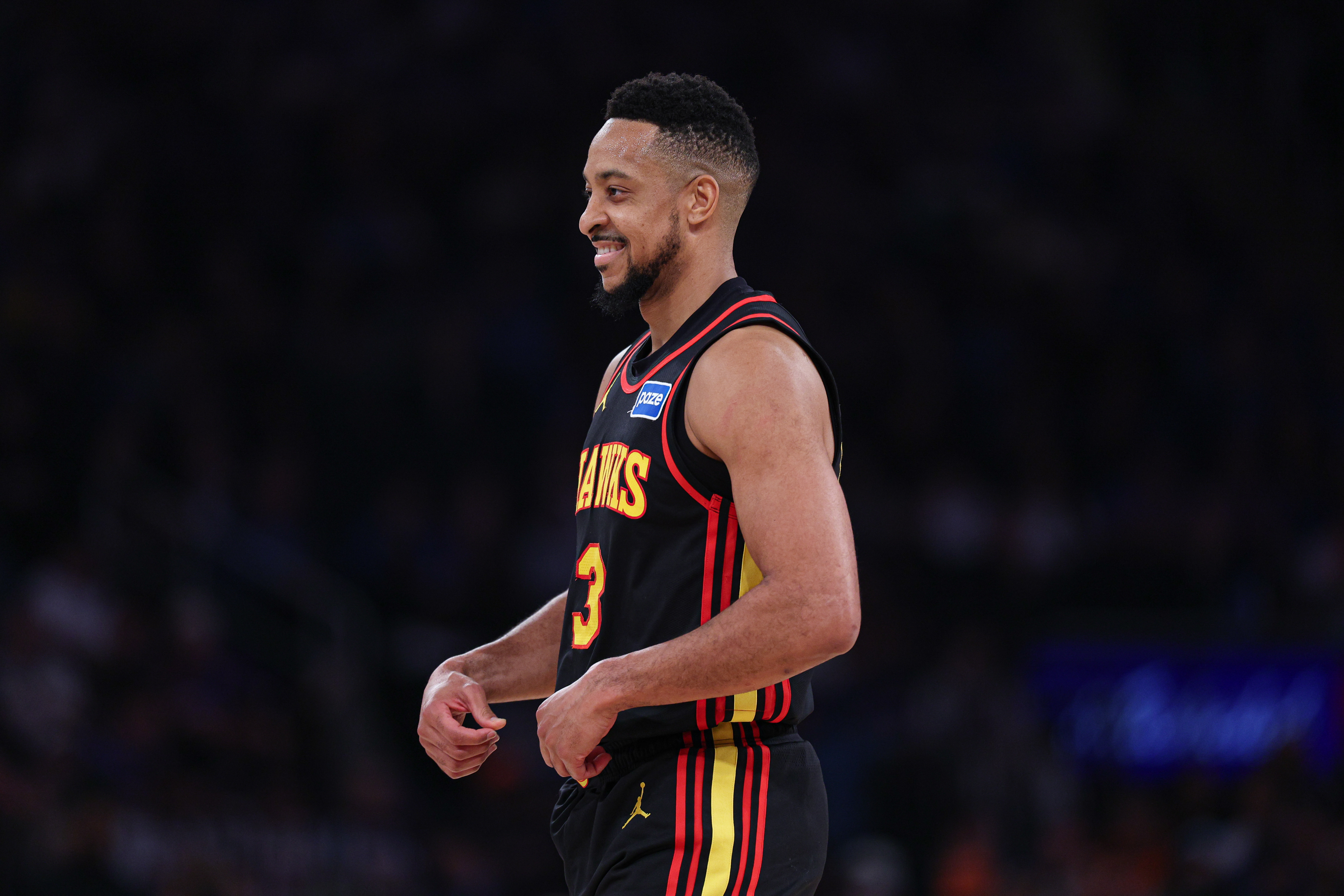 Atlanta Hawks guard CJ McCollum (3), seen here reacting during a game, is featured in our Hawks vs. Knicks player props today for Game 2.