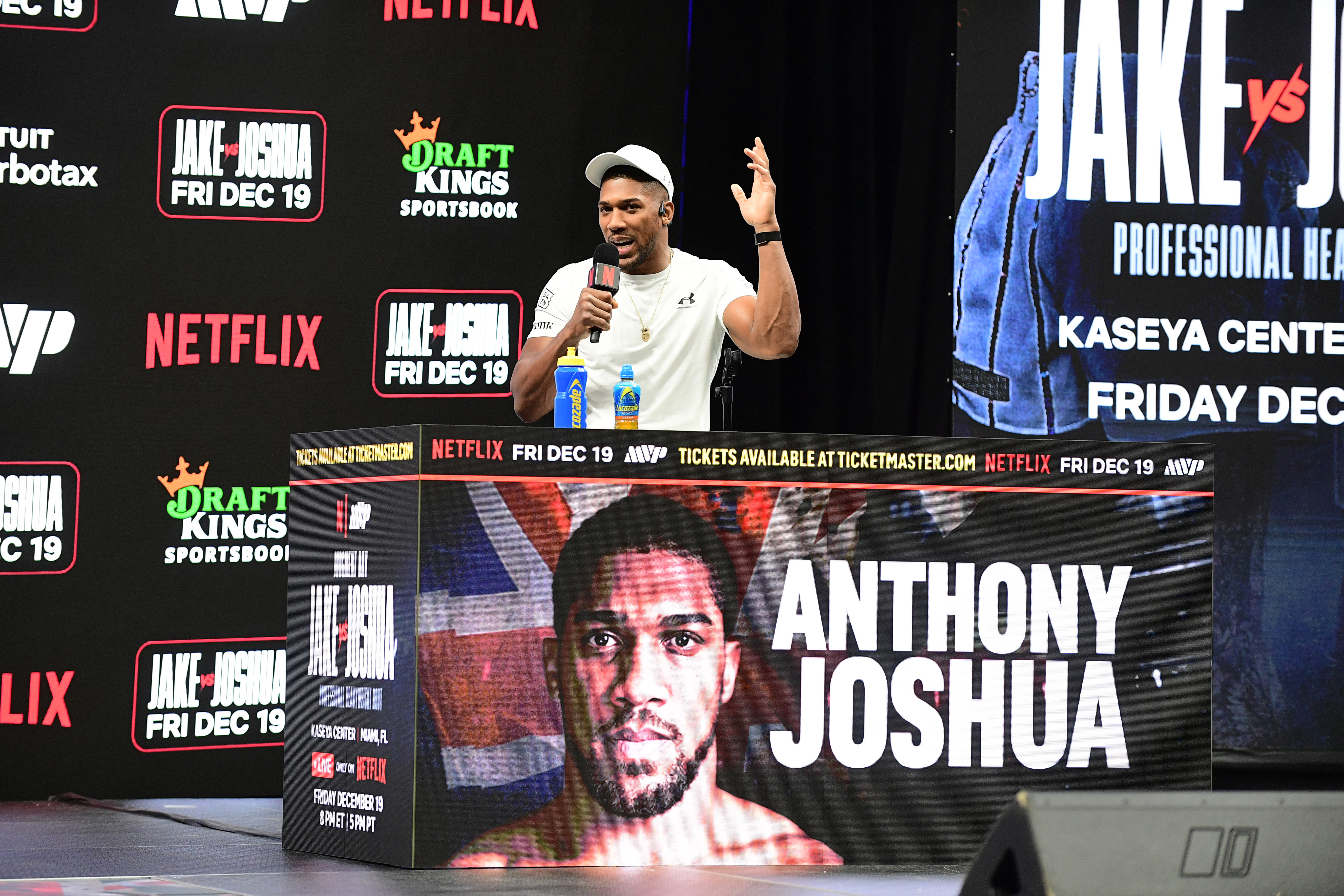 Anthony Joshua speaks during the press conference for the upcoming Jake Paul vs Anthony Joshua boxing match, as we look at the growing interest in celebrity involvement.